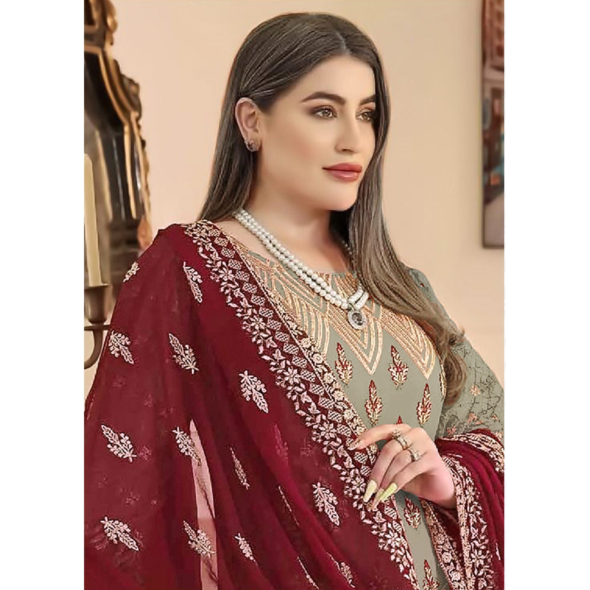 Grey Sequins Embroidered Georgette Pakistani Suit