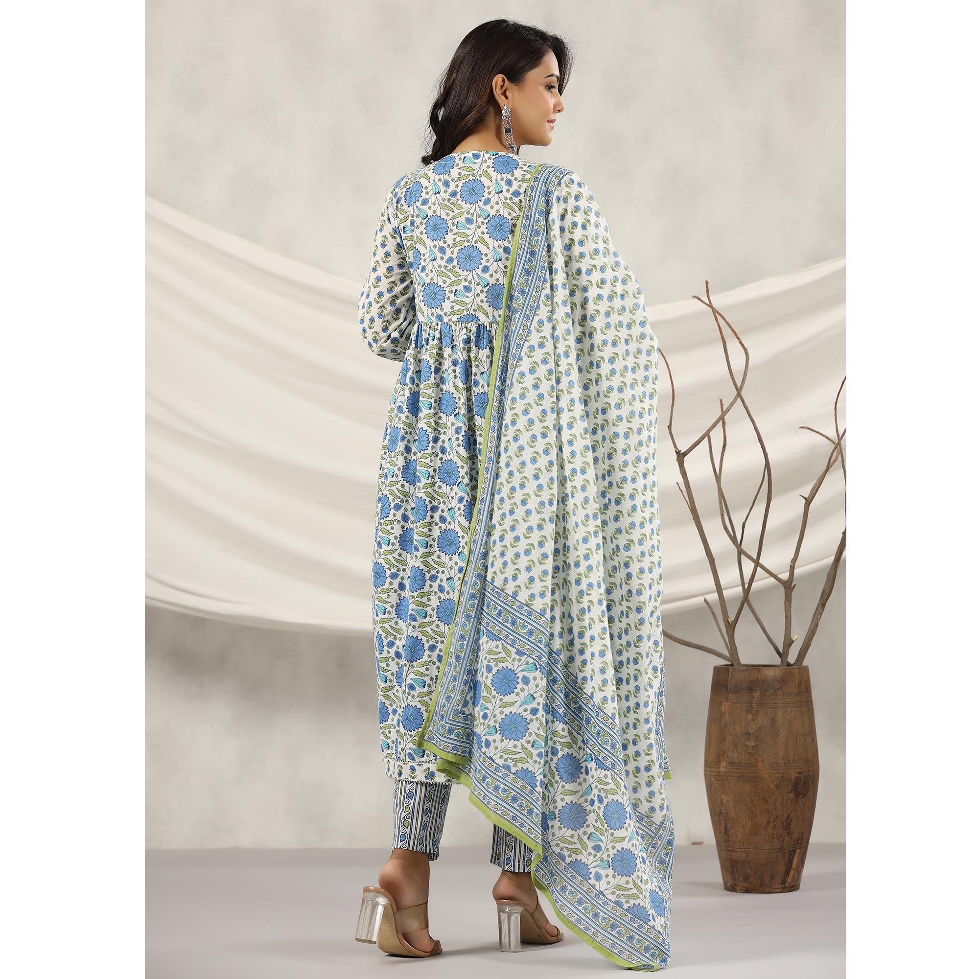 Blue Jaipuri Printed Pure Cotton Anarkali Suit