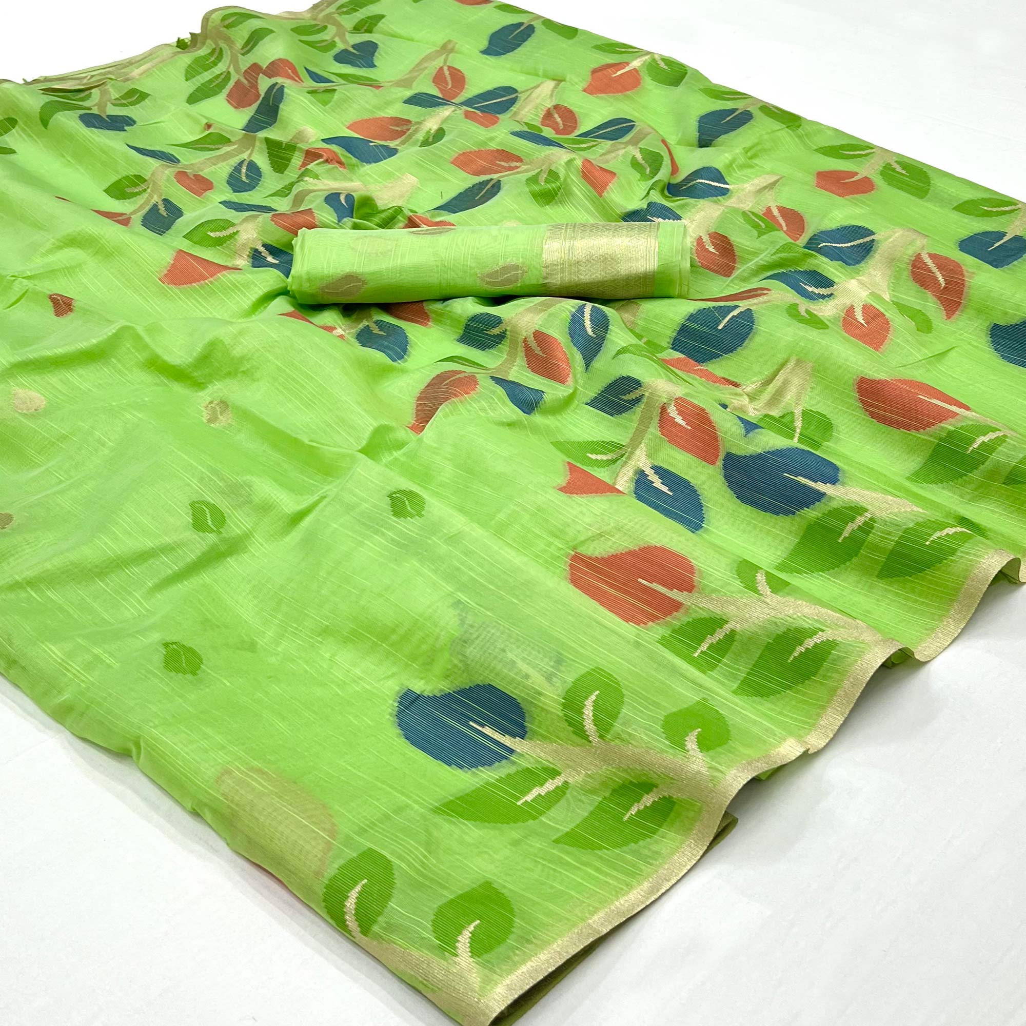 Pista Green Floral Woven Cotton Saree