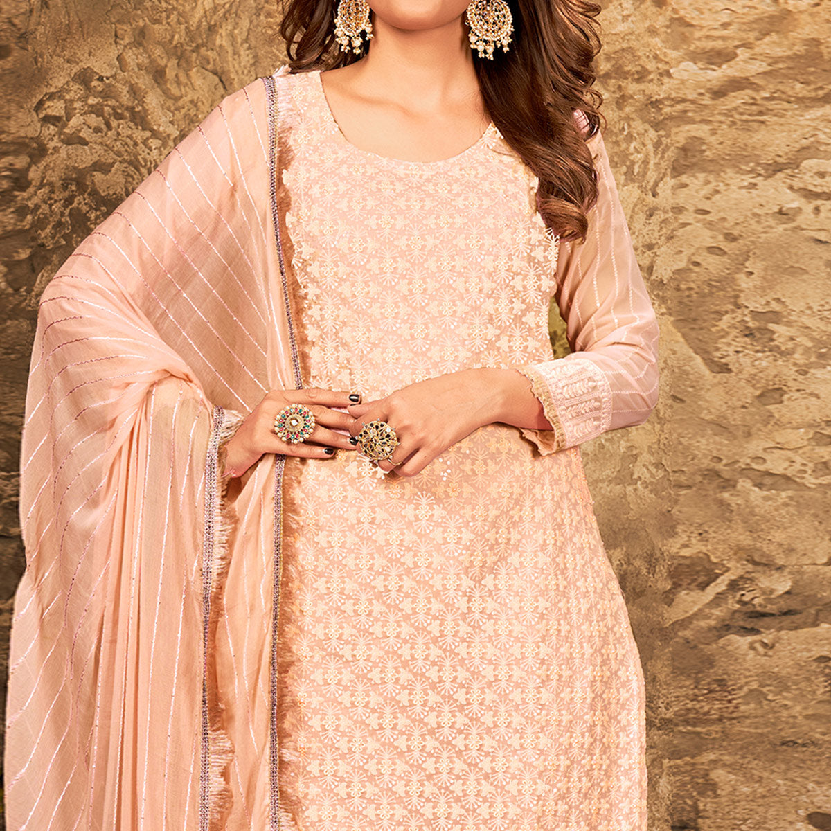 Peach Floral Sequins Embroidered Georgette Suit