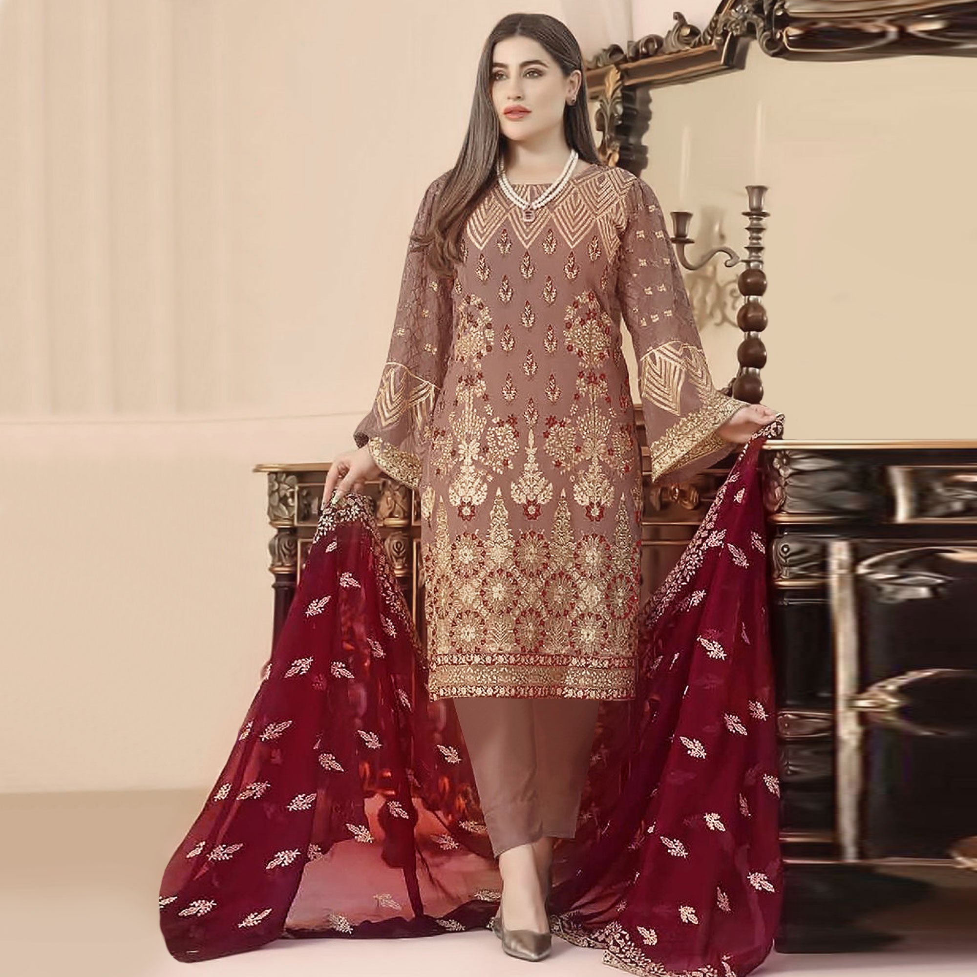 Brown Sequins Embroidered Georgette Pakistani Suit