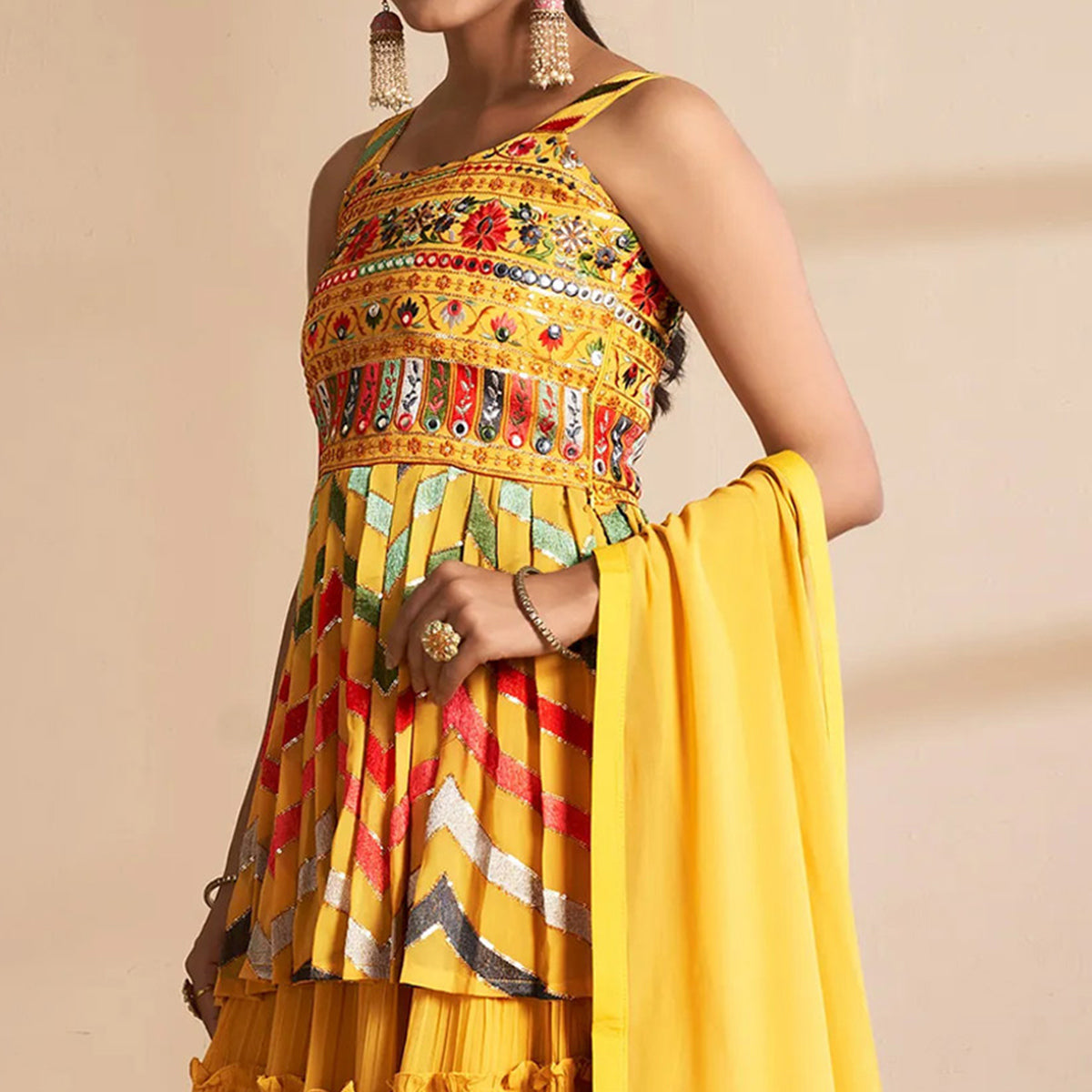 Yellow Floral Embroidered Georgette Sharara Suit