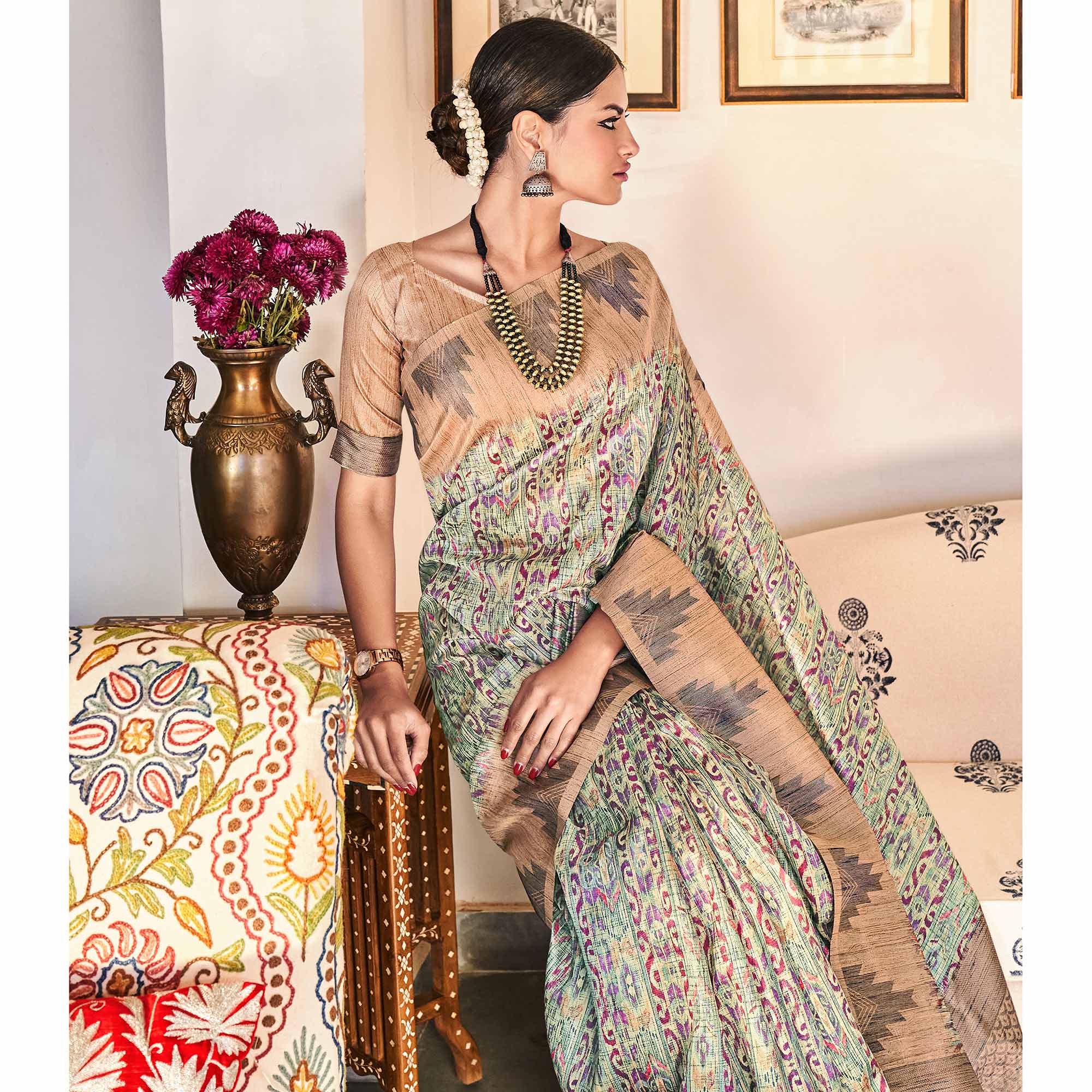 Green Digital Printed Raw Silk Saree With Tassels