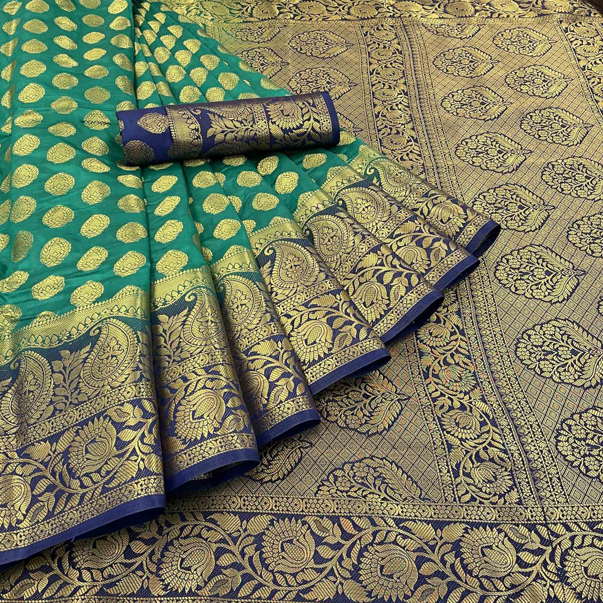 Rama Green Woven Banarasi Silk Saree
