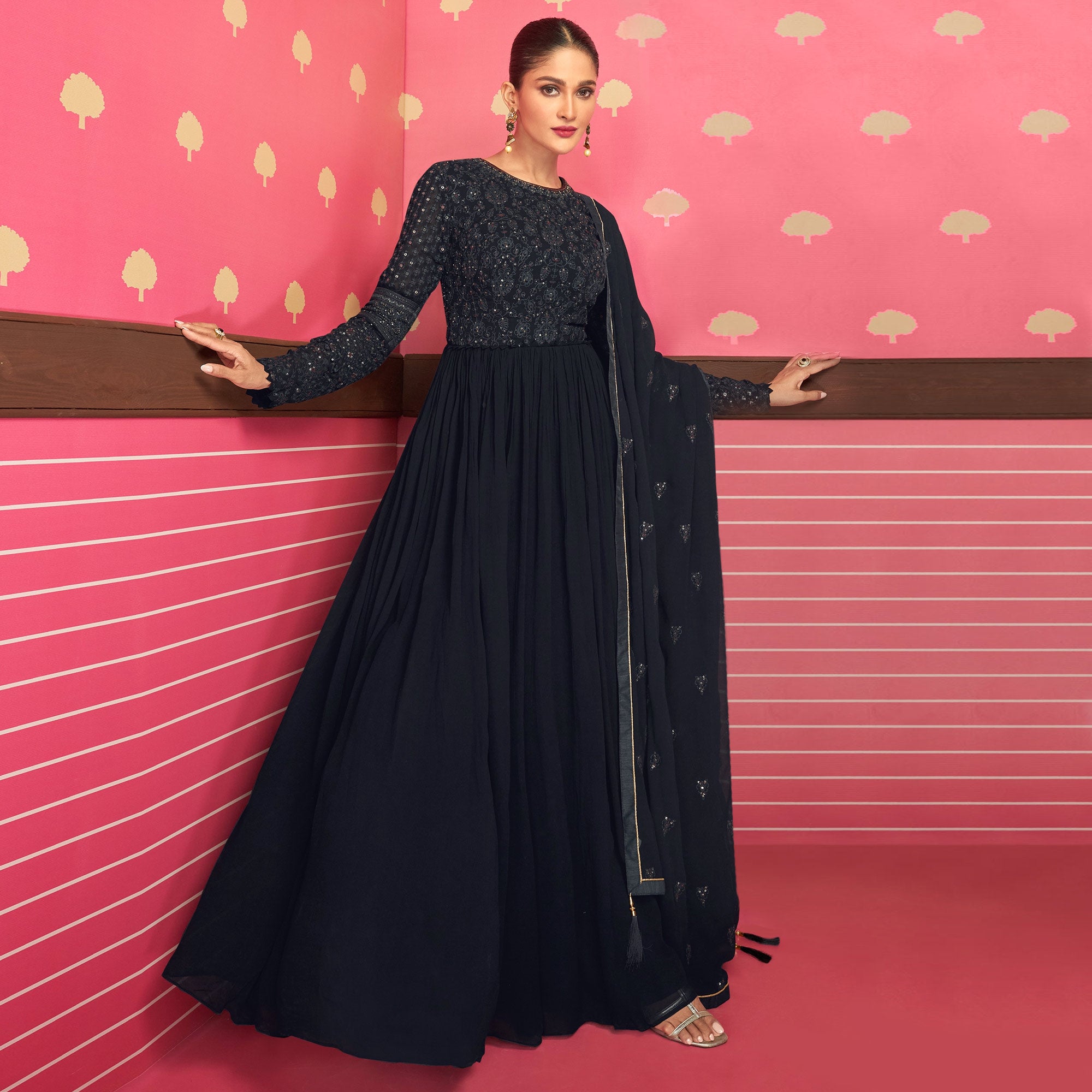 Black Sequins Embroidered Georgette Gown