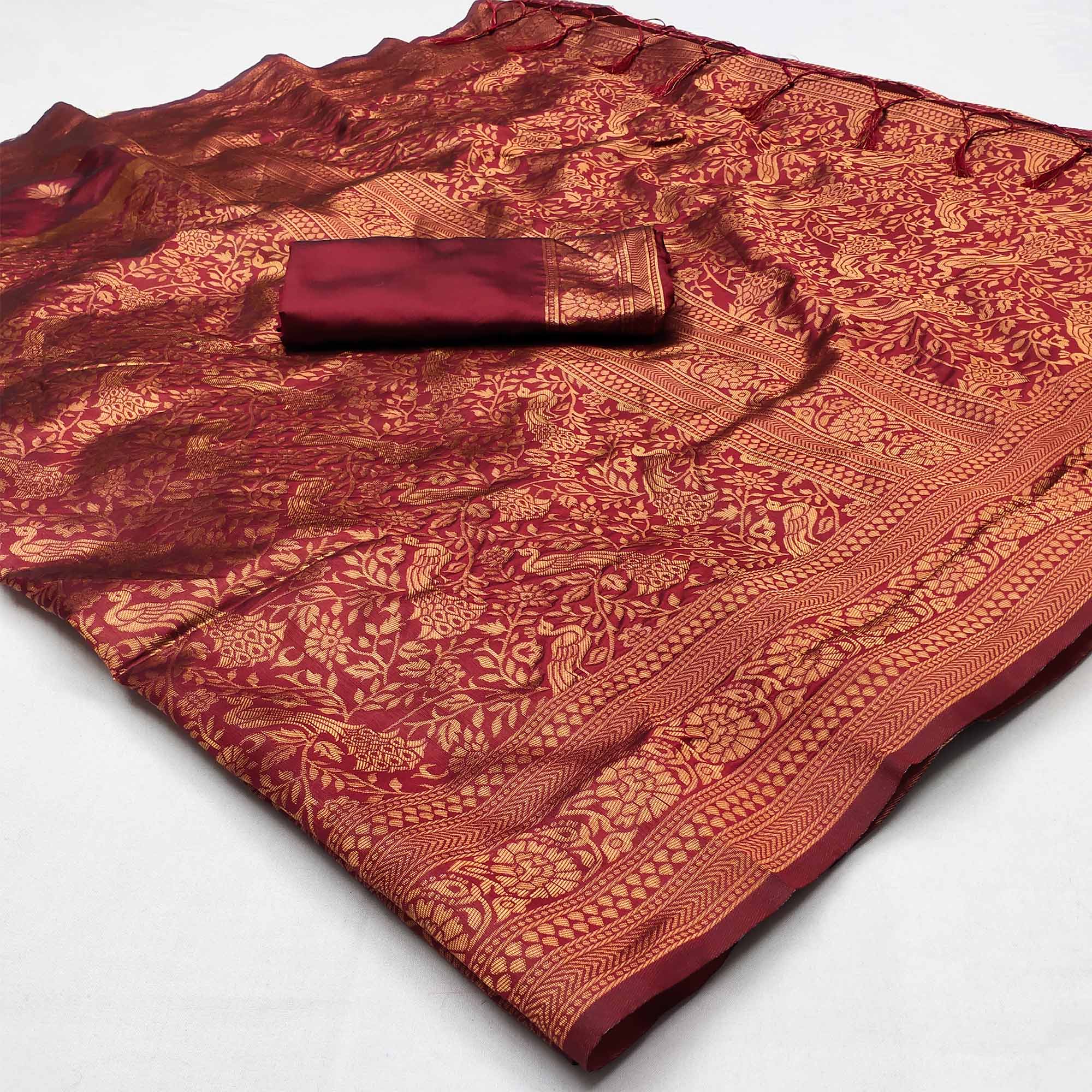 Maroon Woven Art Silk Saree With Tassels