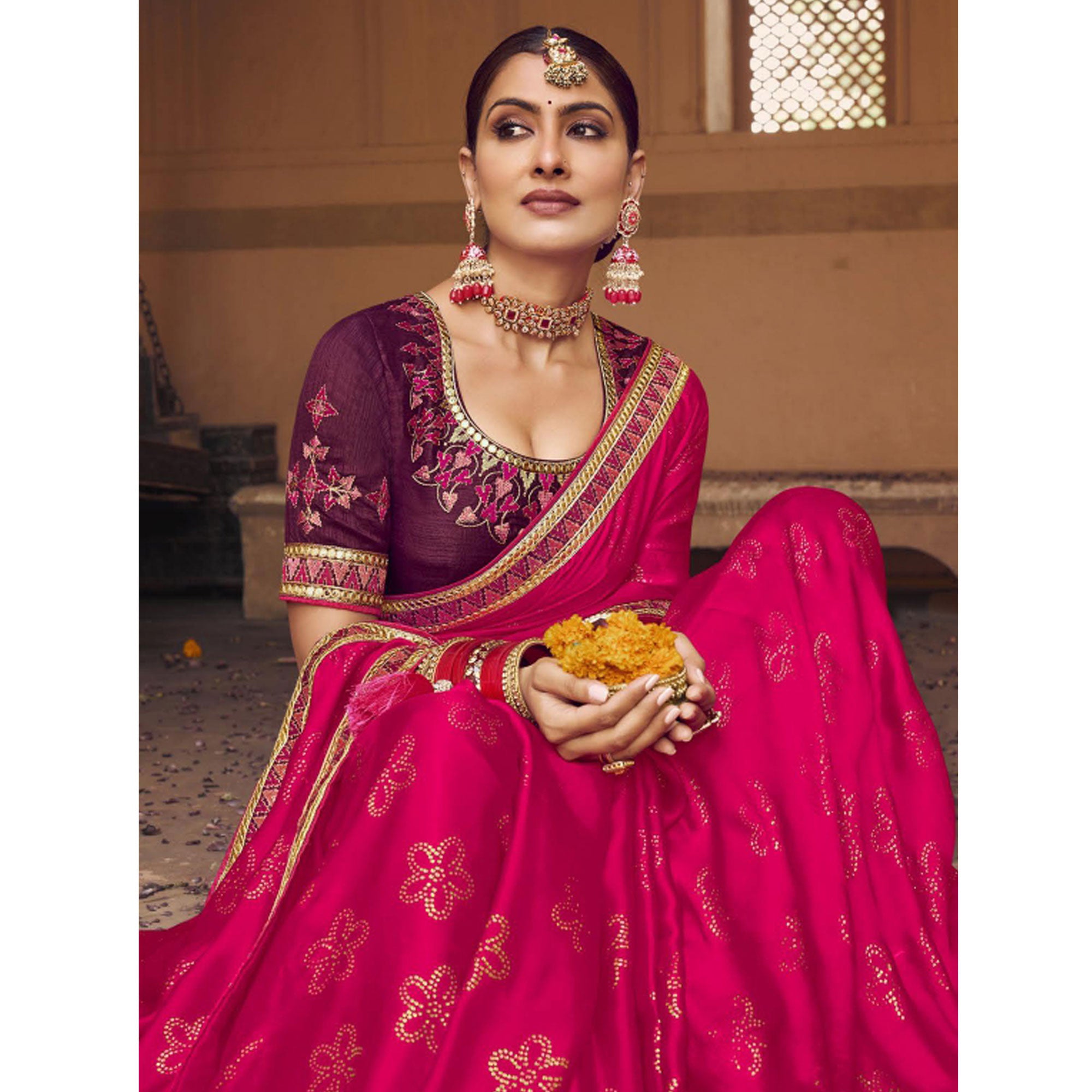 Rani Pink Embellished With Embroidered Border Satin Saree