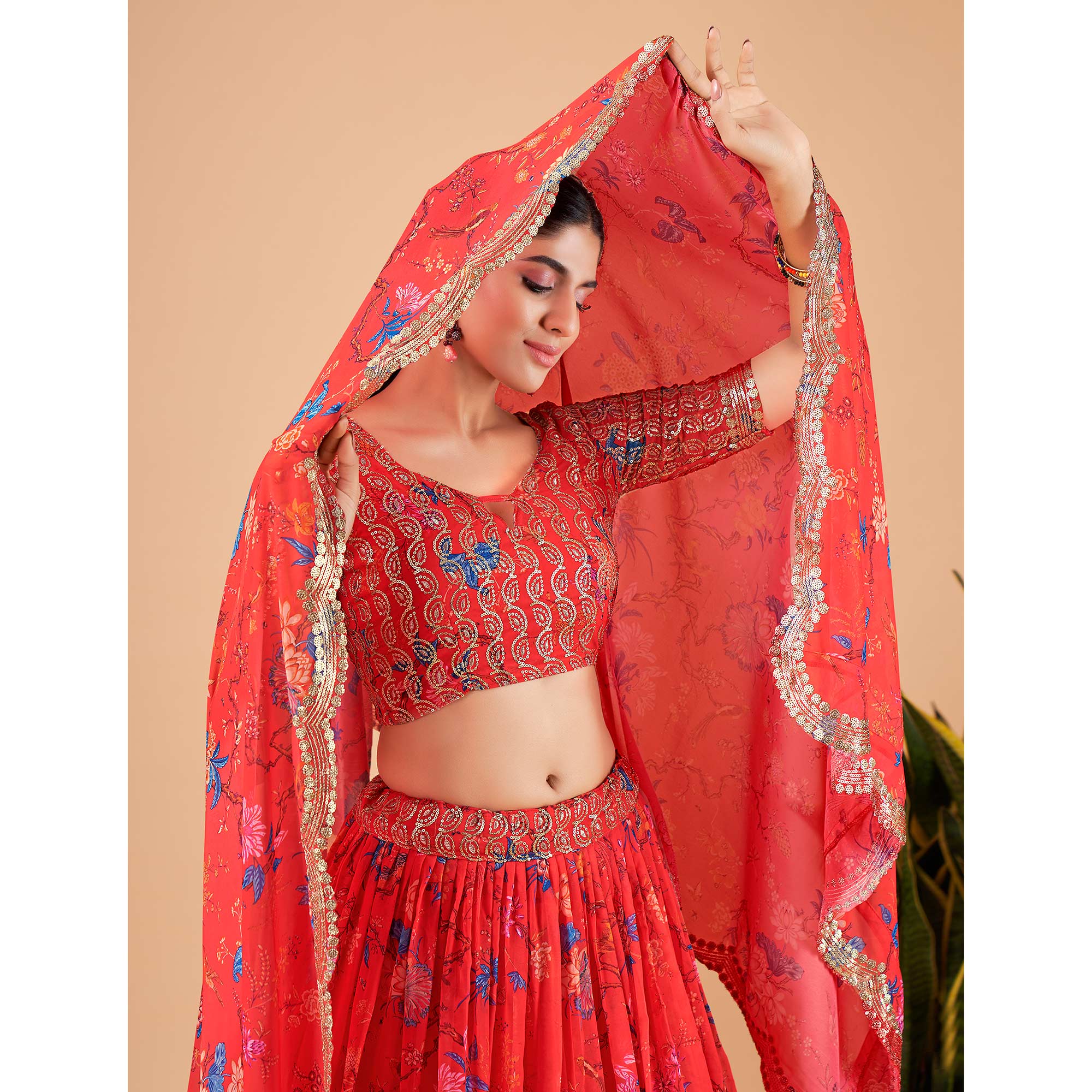 Coral Red Floral Printed And Sequins Work Georgette Lehenga Choli