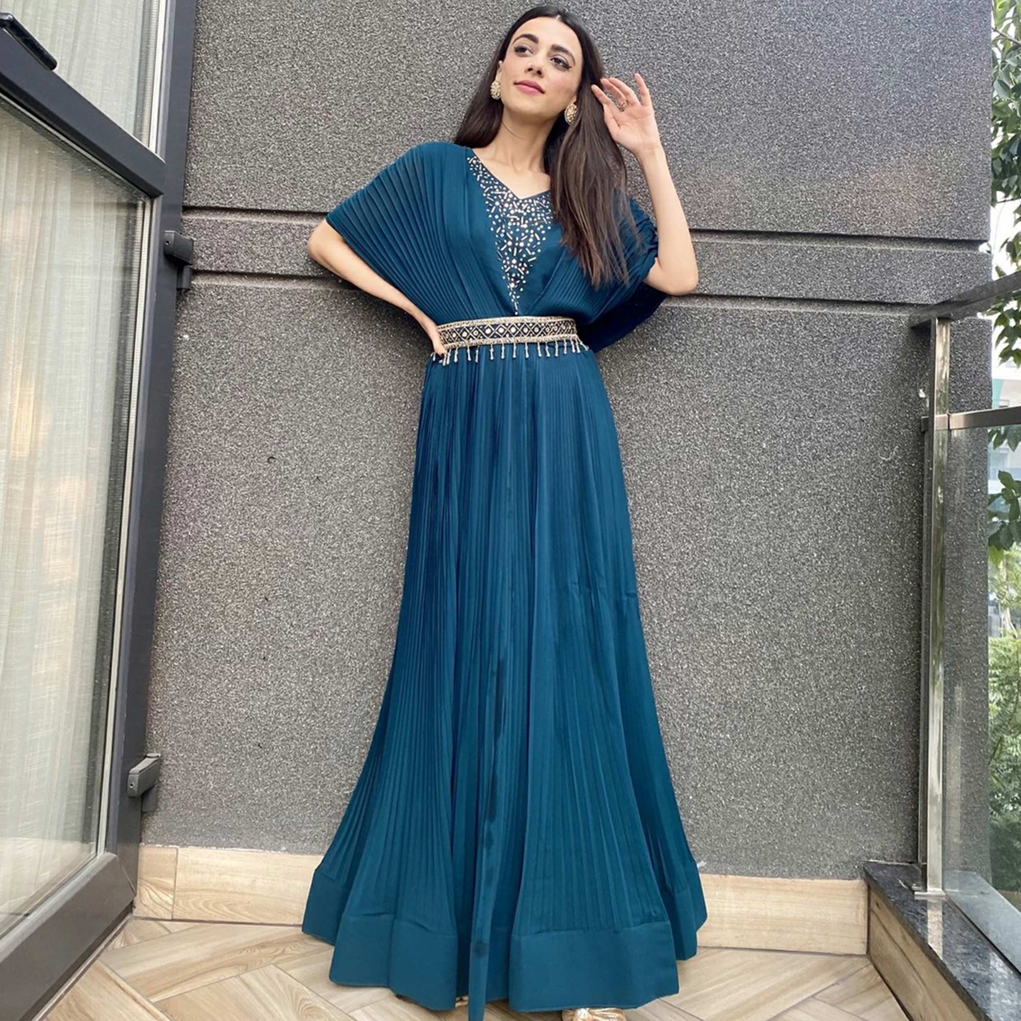 Blue Embellished Georgette Gown With Belt