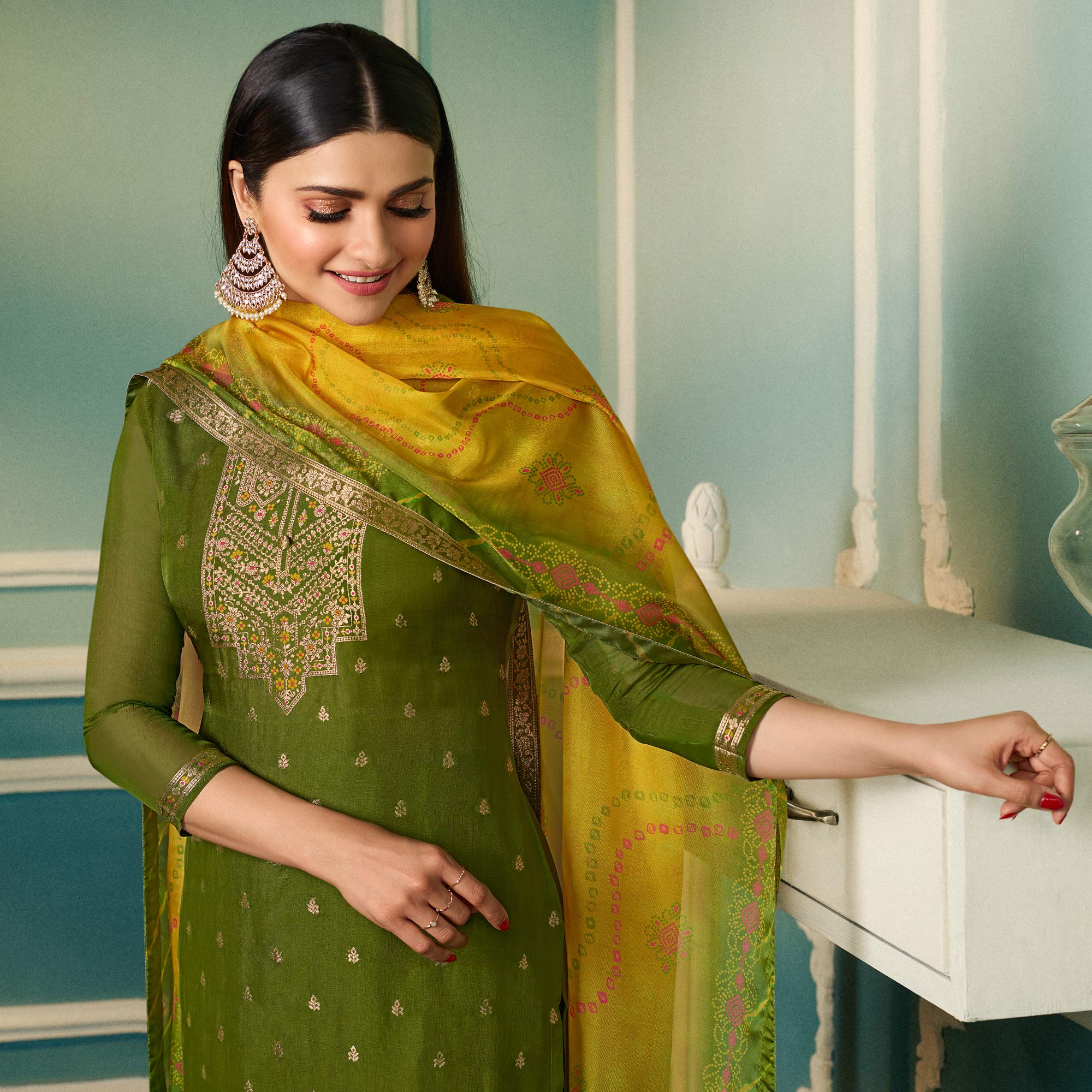 Green Floral Woven Organza Salwar Suit