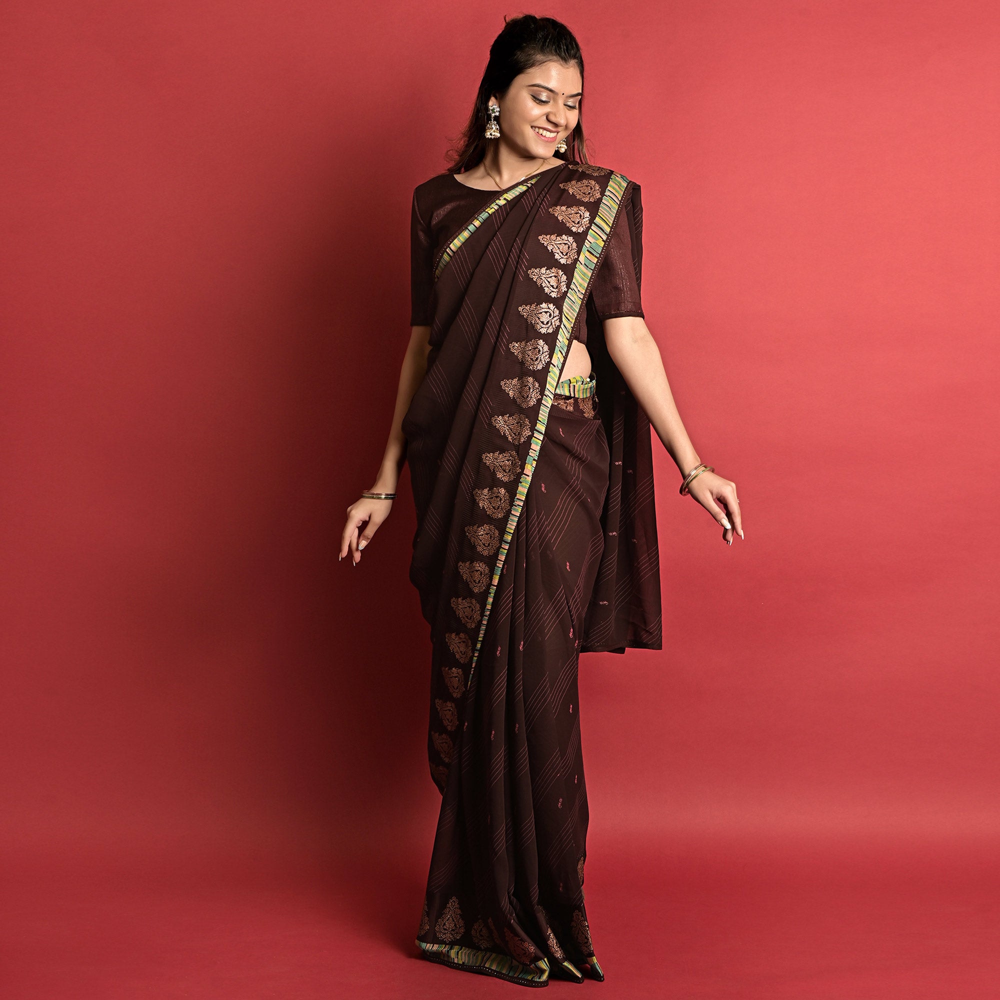 Coffee Brown Printed Georgette Saree