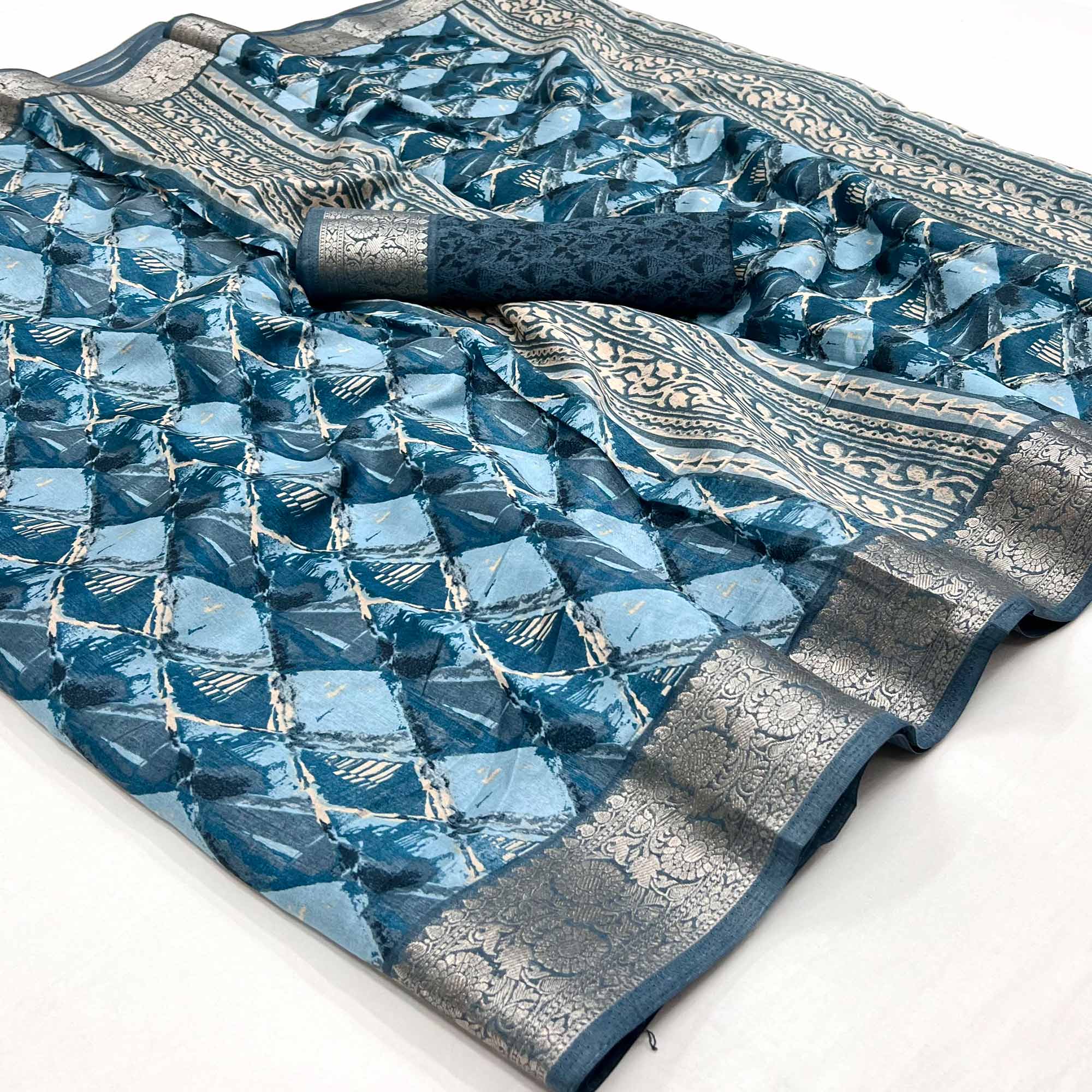 Blue Floral Printed With Woven Dola Silk Saree
