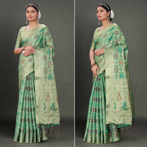 Rama Green Woven Organza Saree With Tassels