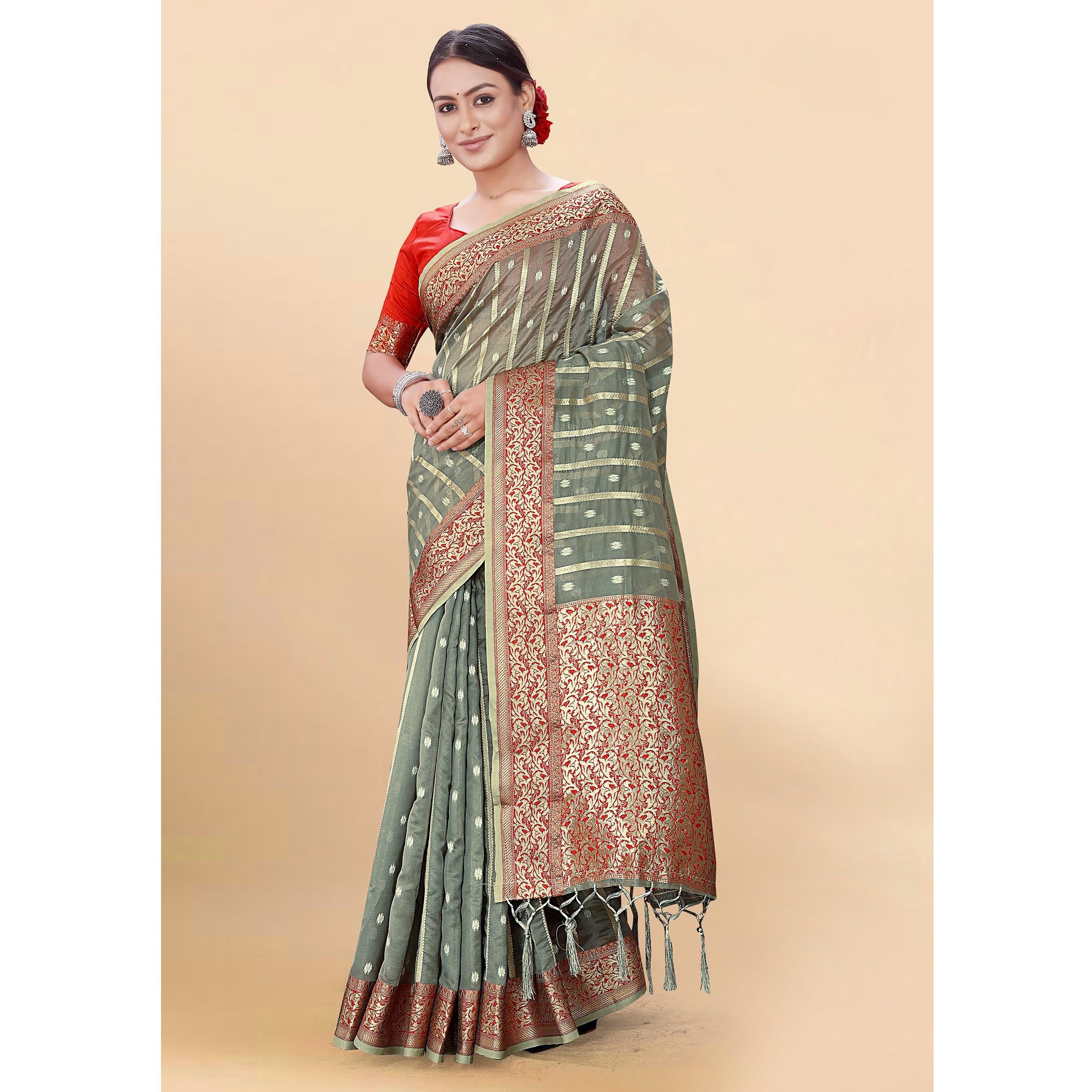 Grey Woven Organza Saree With Tassels