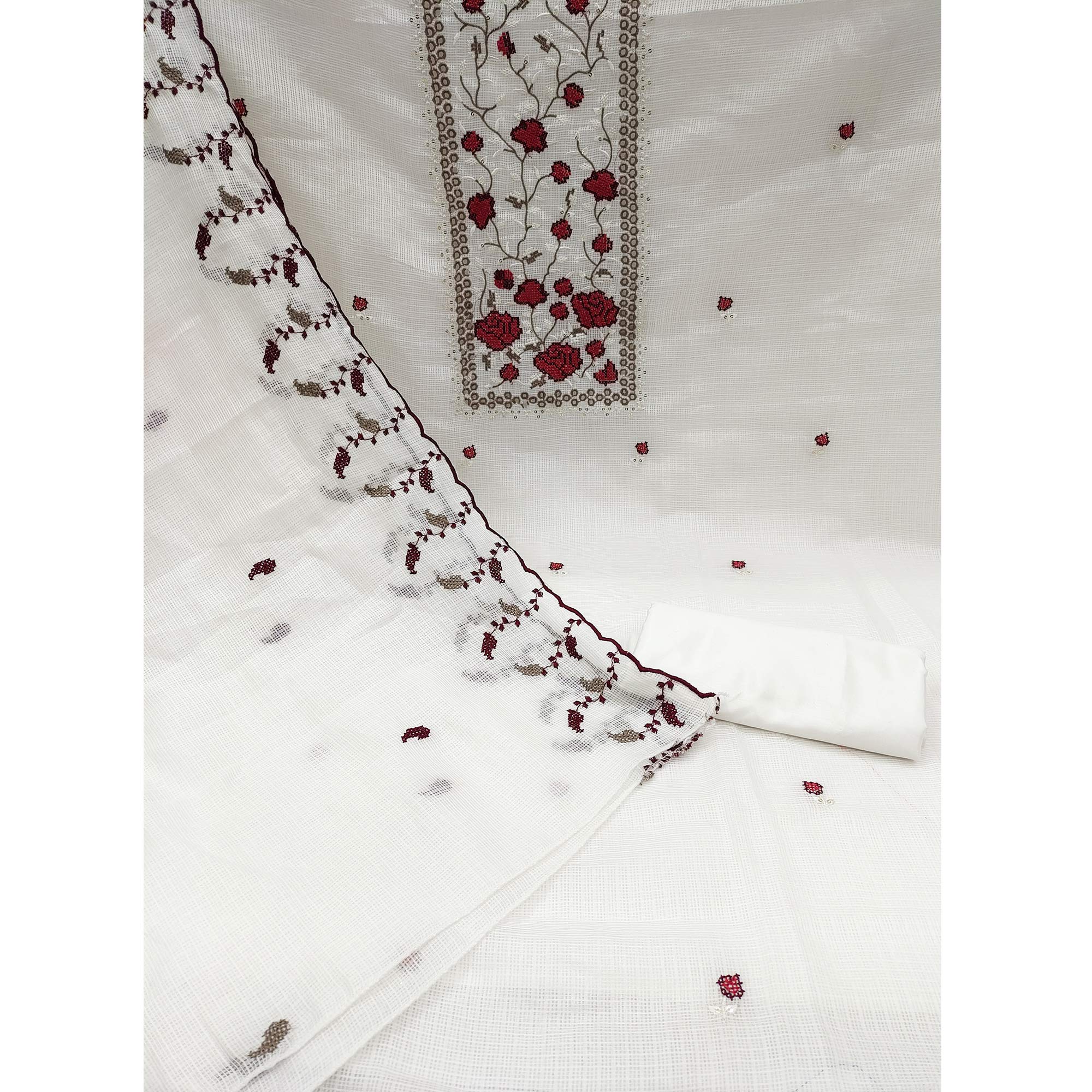 White & Red Floral Embroidered Kota Doria Dress Material