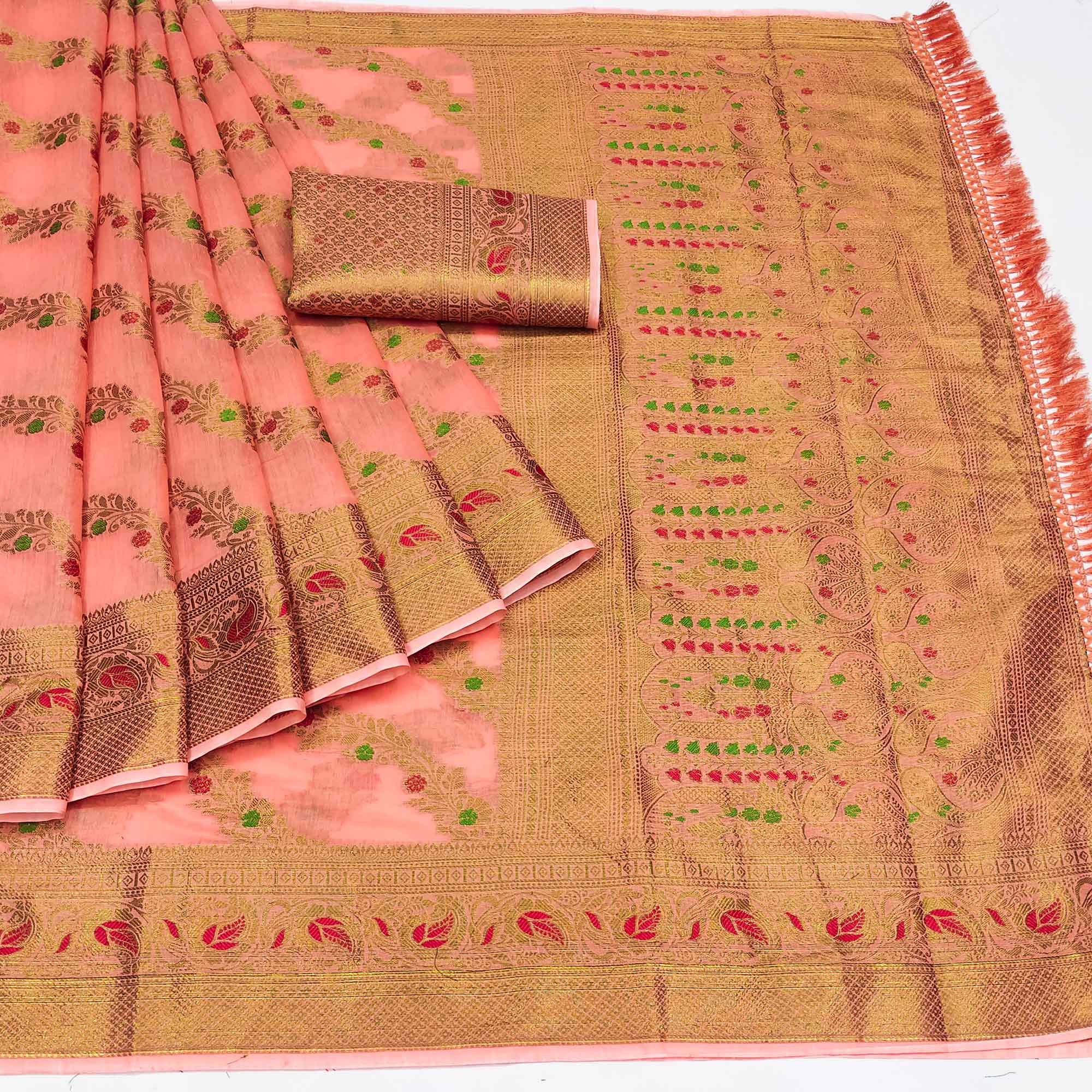 Peach Woven Cotton Blend Saree With Tassels