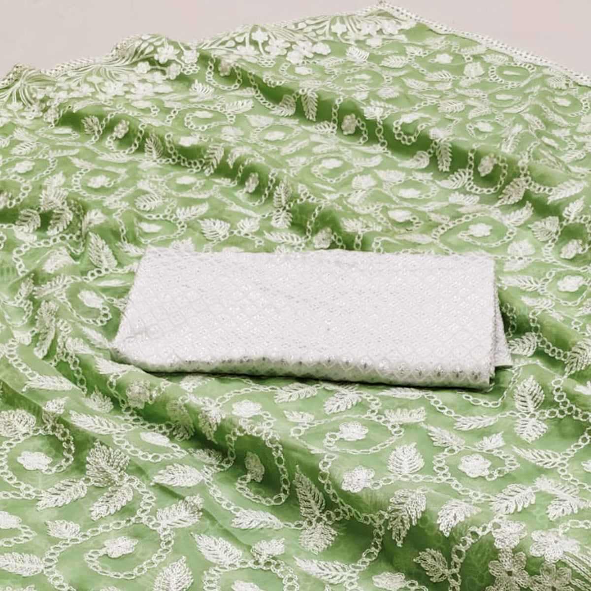 Green Lucknowi Embroidered Organza Saree