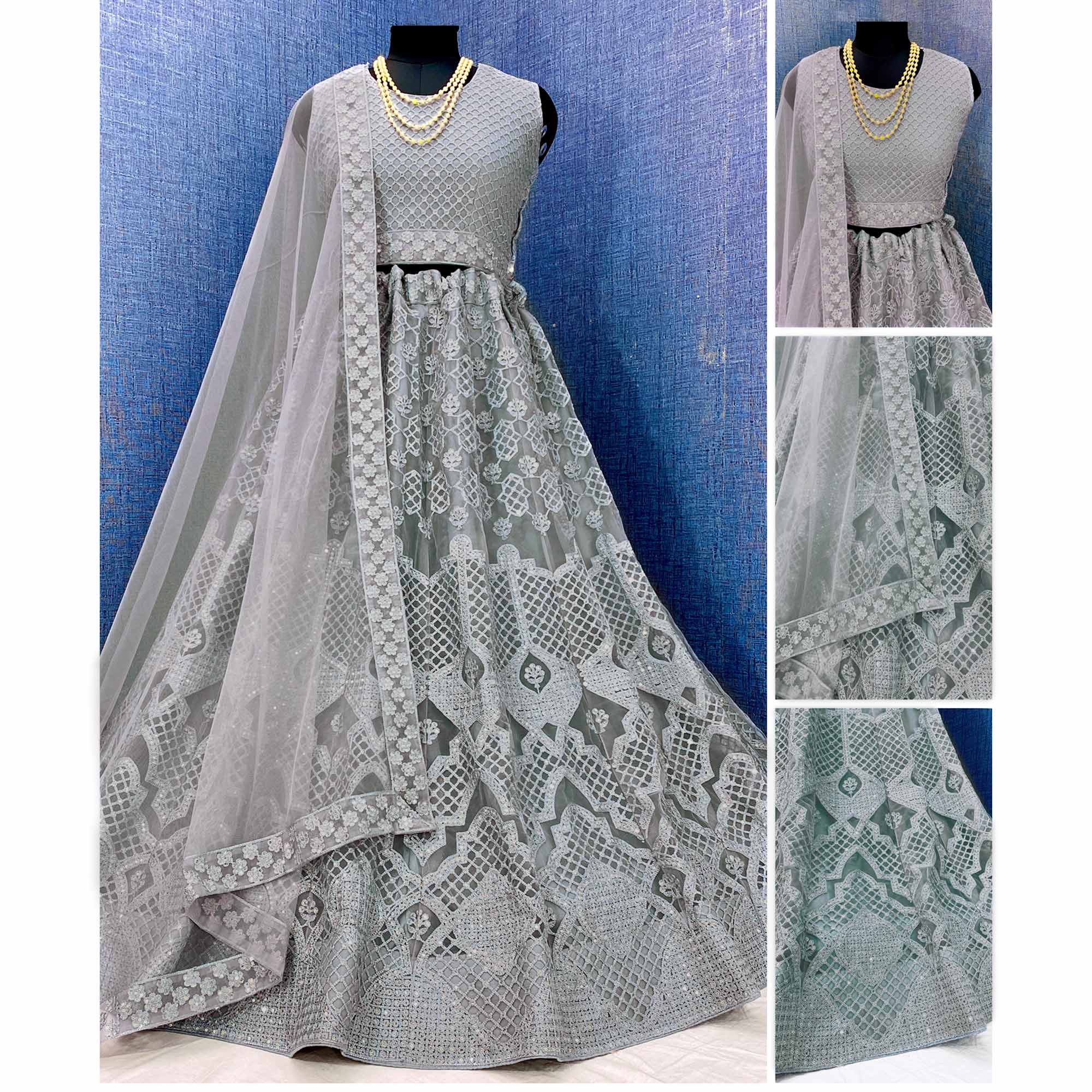 Grey Sequins Embroidered Netted Lehenga Choli