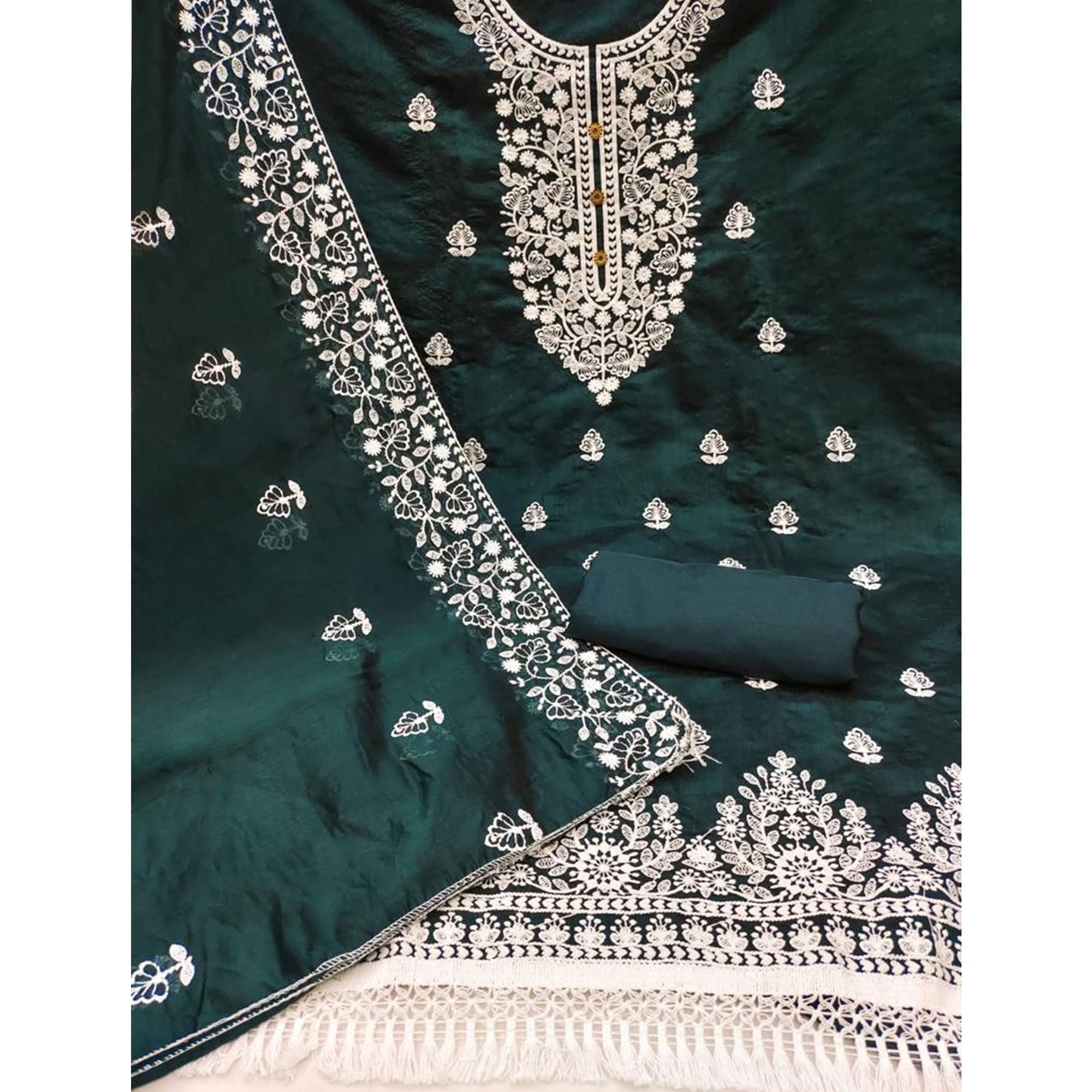 Green Floral Embroidered Modal Dress Material