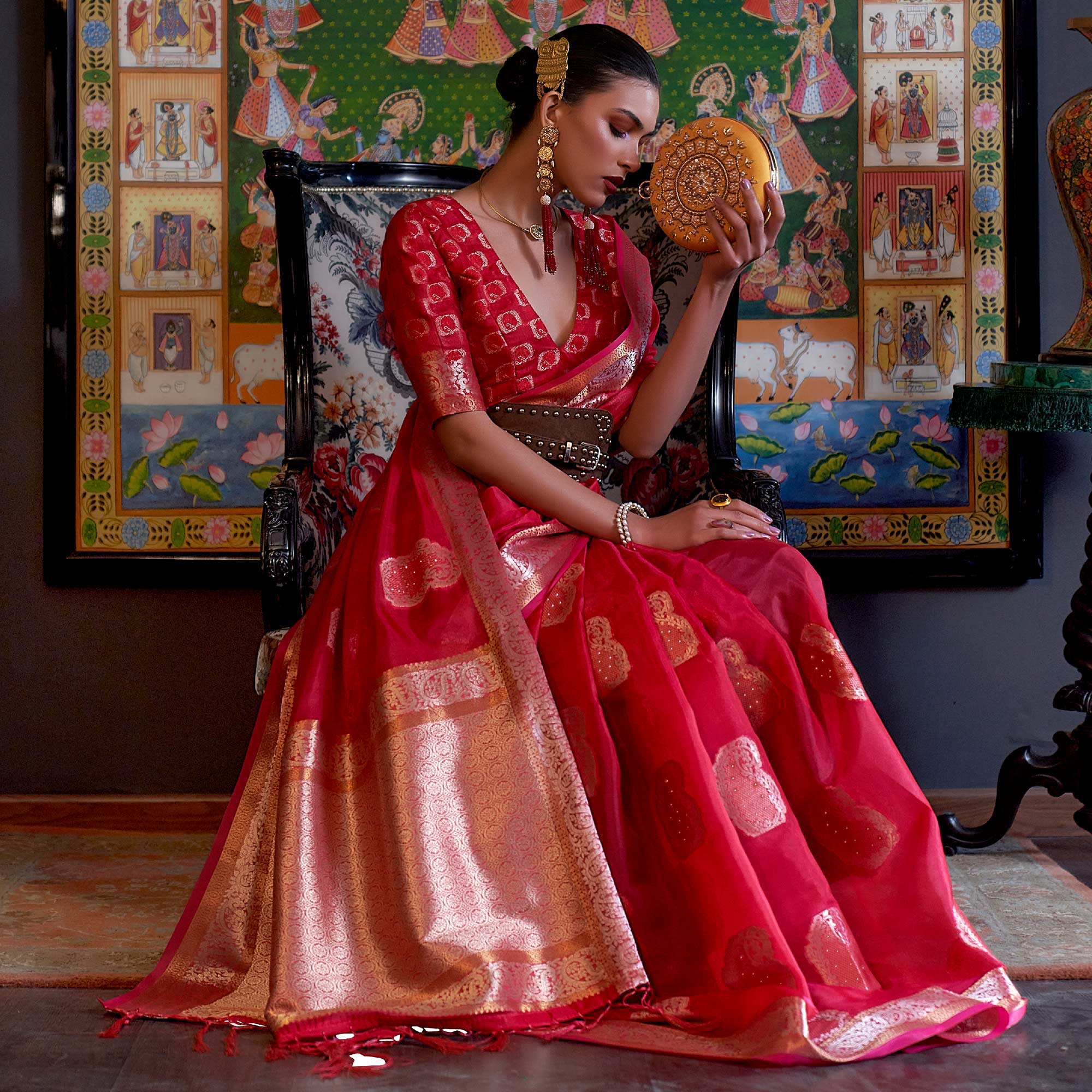 Red Woven Organza Saree With Tassels