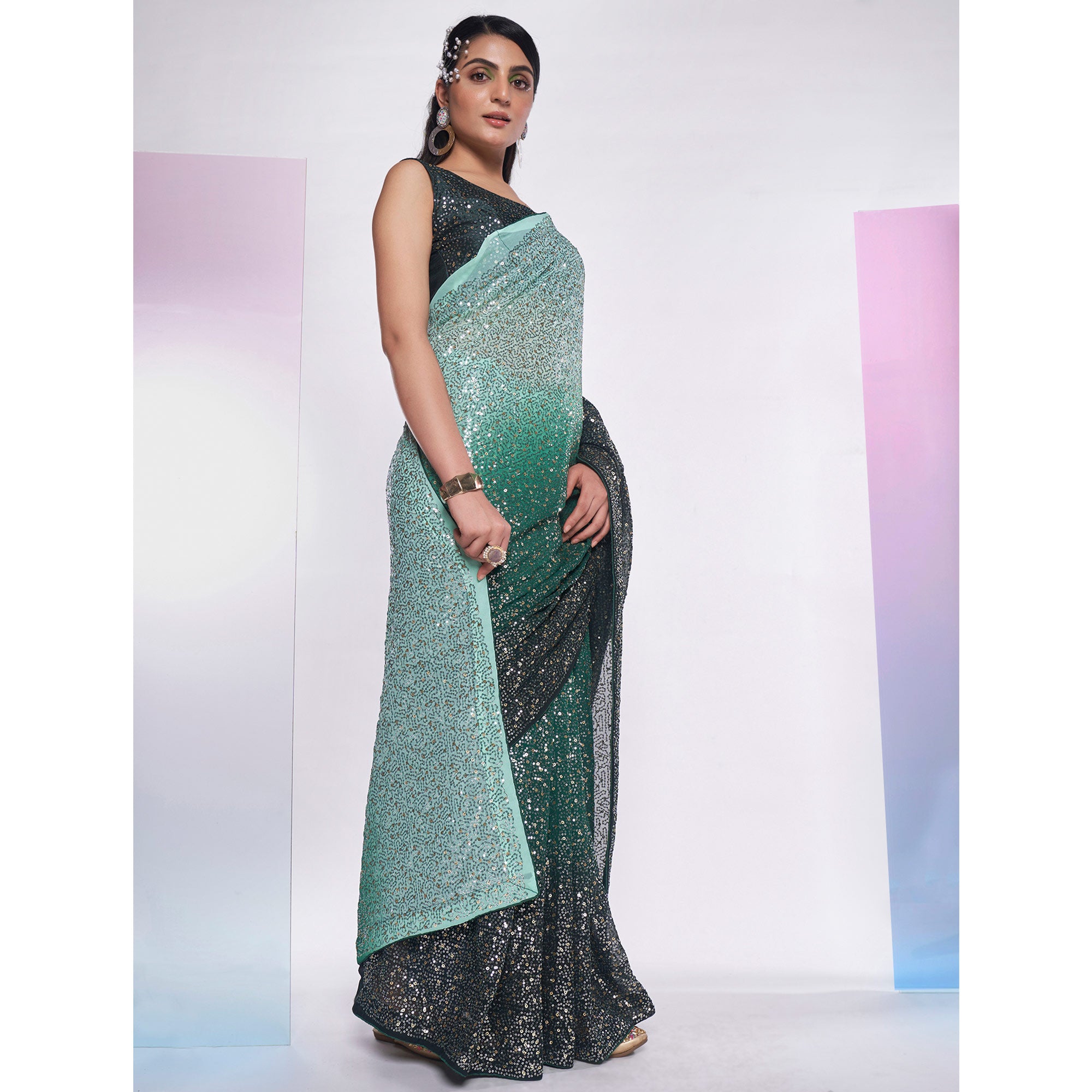 Green Sequins Embroidered Georgette Saree