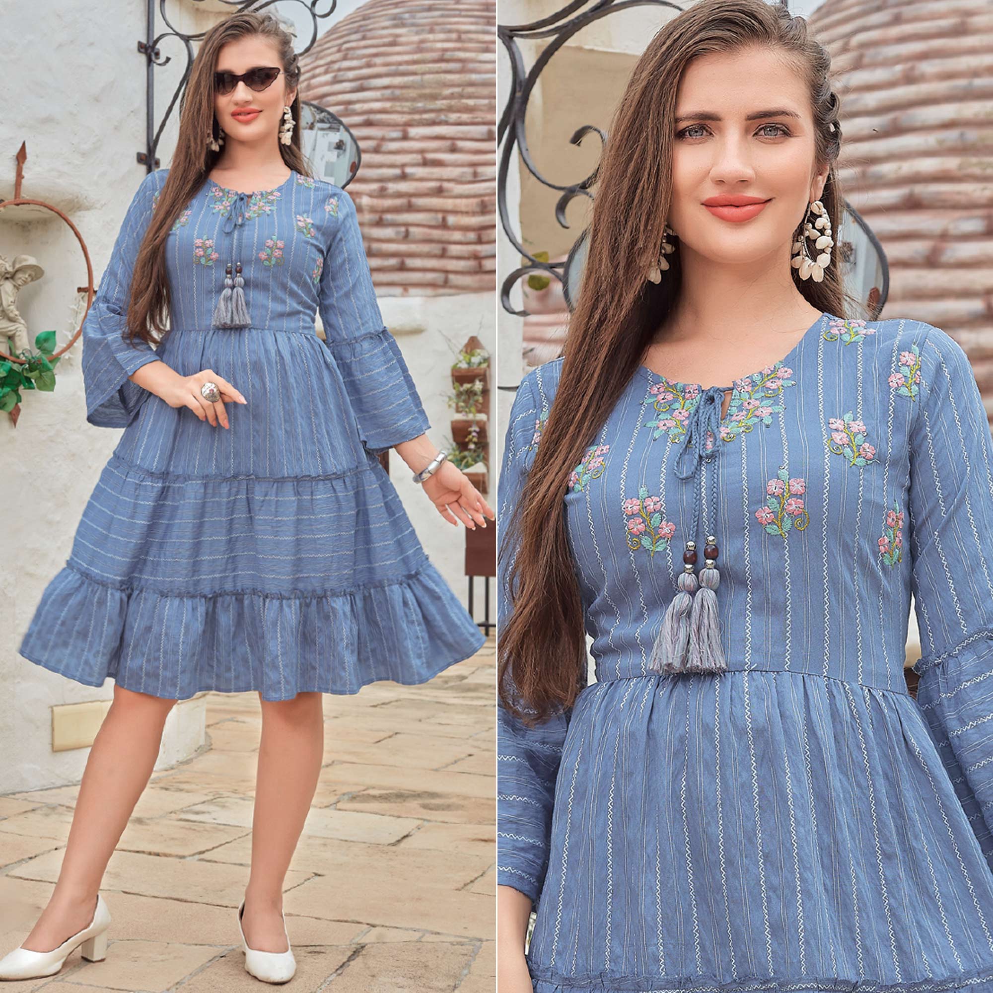 Blue Floral Embroidered Rayon Dress