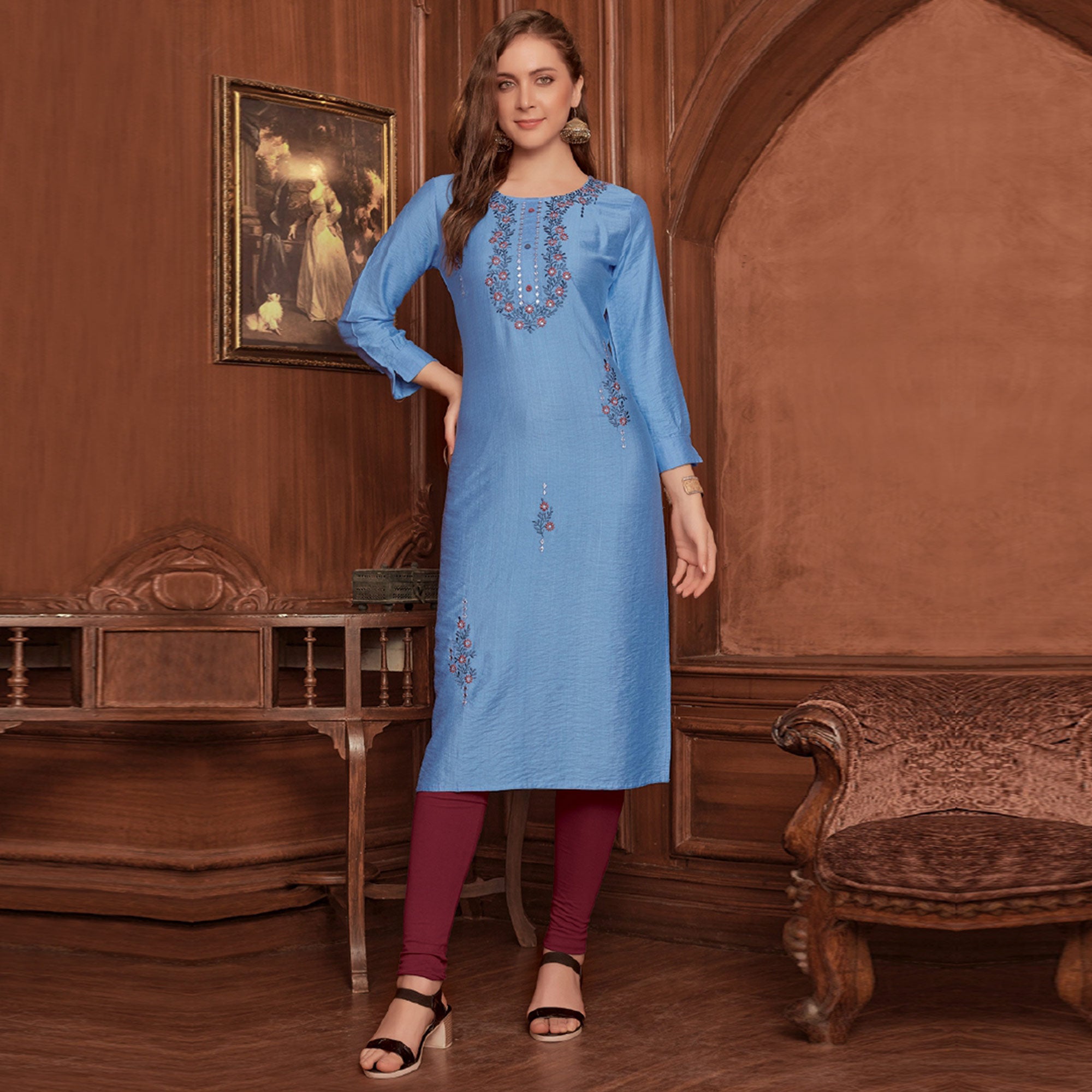 Blue Floral Embroidered Rayon Kurti