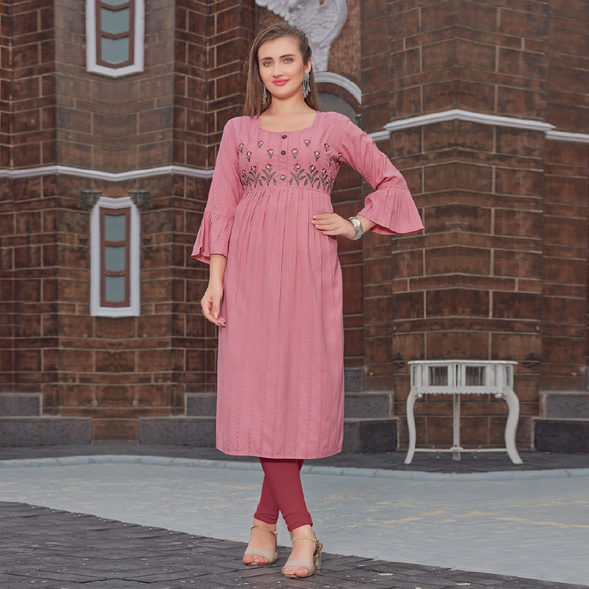 Pink Floral Embroidered Rayon Naira Cut Kurti