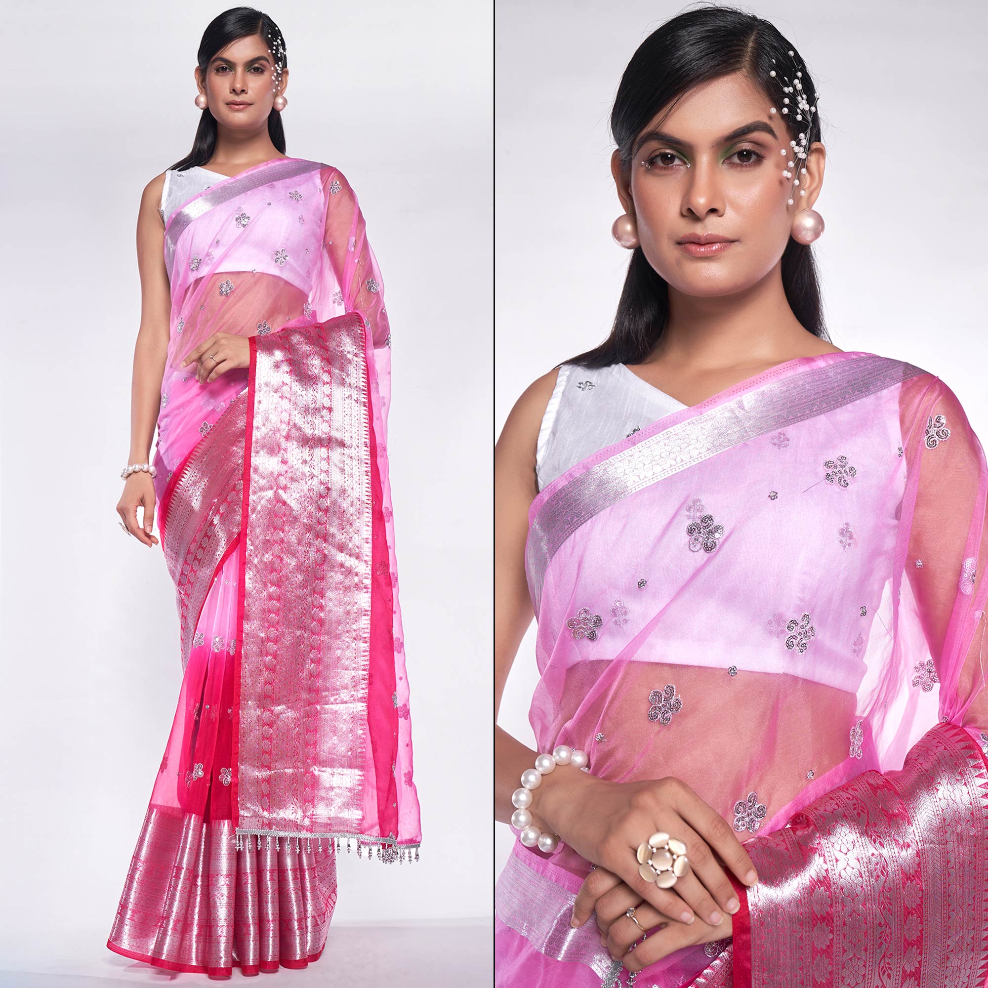 Light Pink Sequins Embroidered Organza Saree