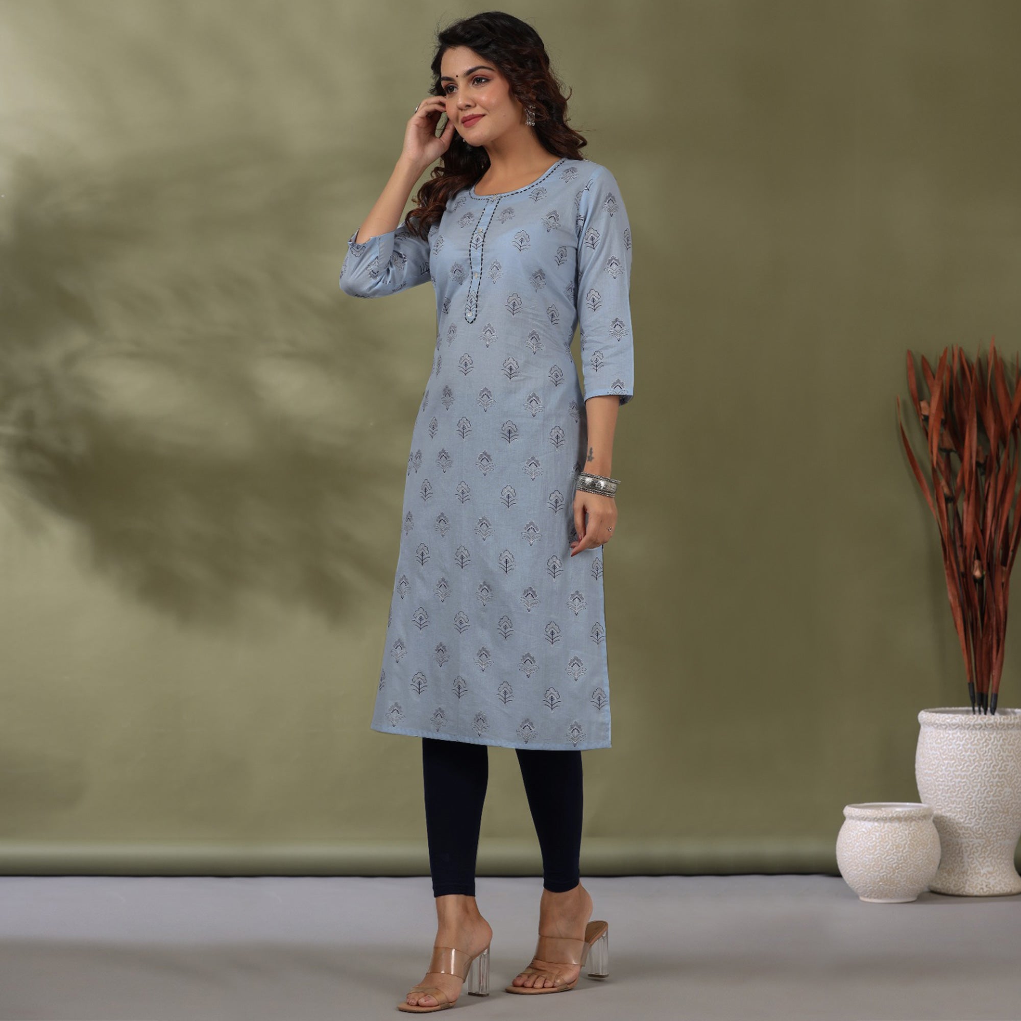 Sky Blue Floral Printed Rayon Kurti