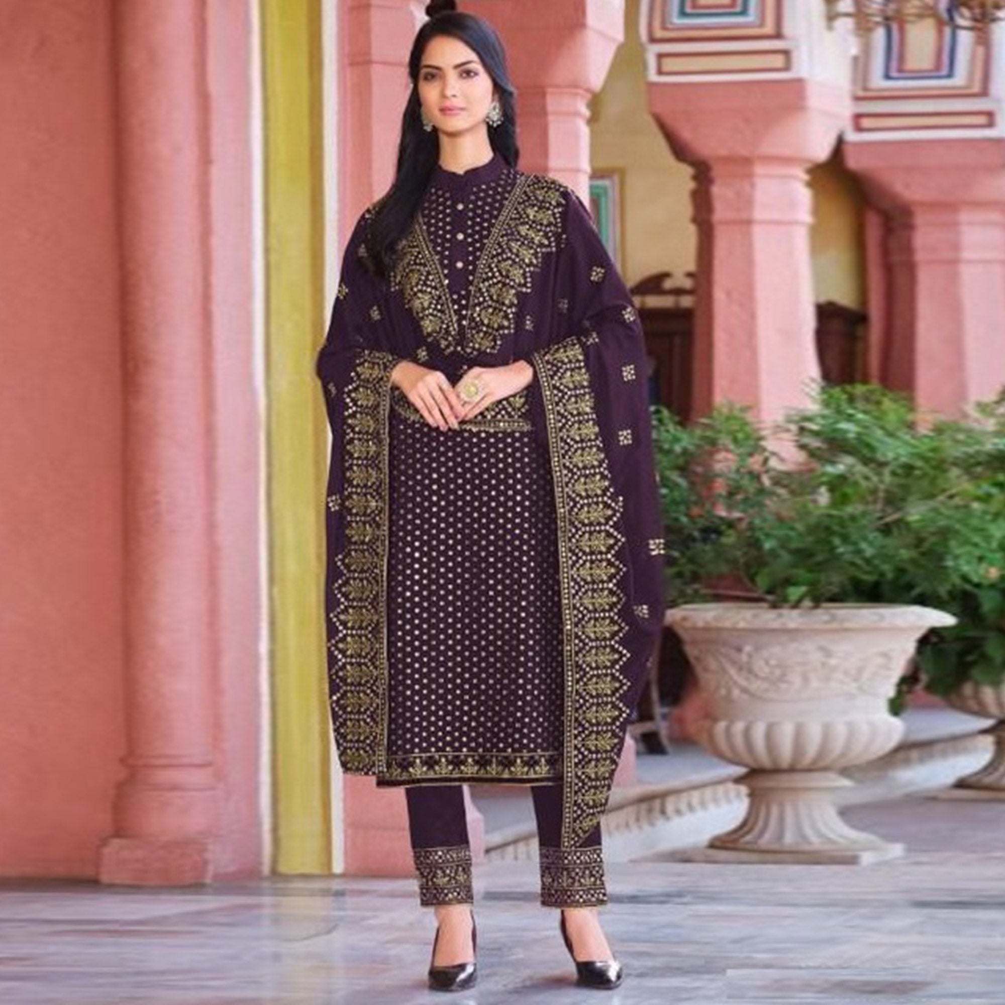 Purple Embroidered Georgette Salwar Suit