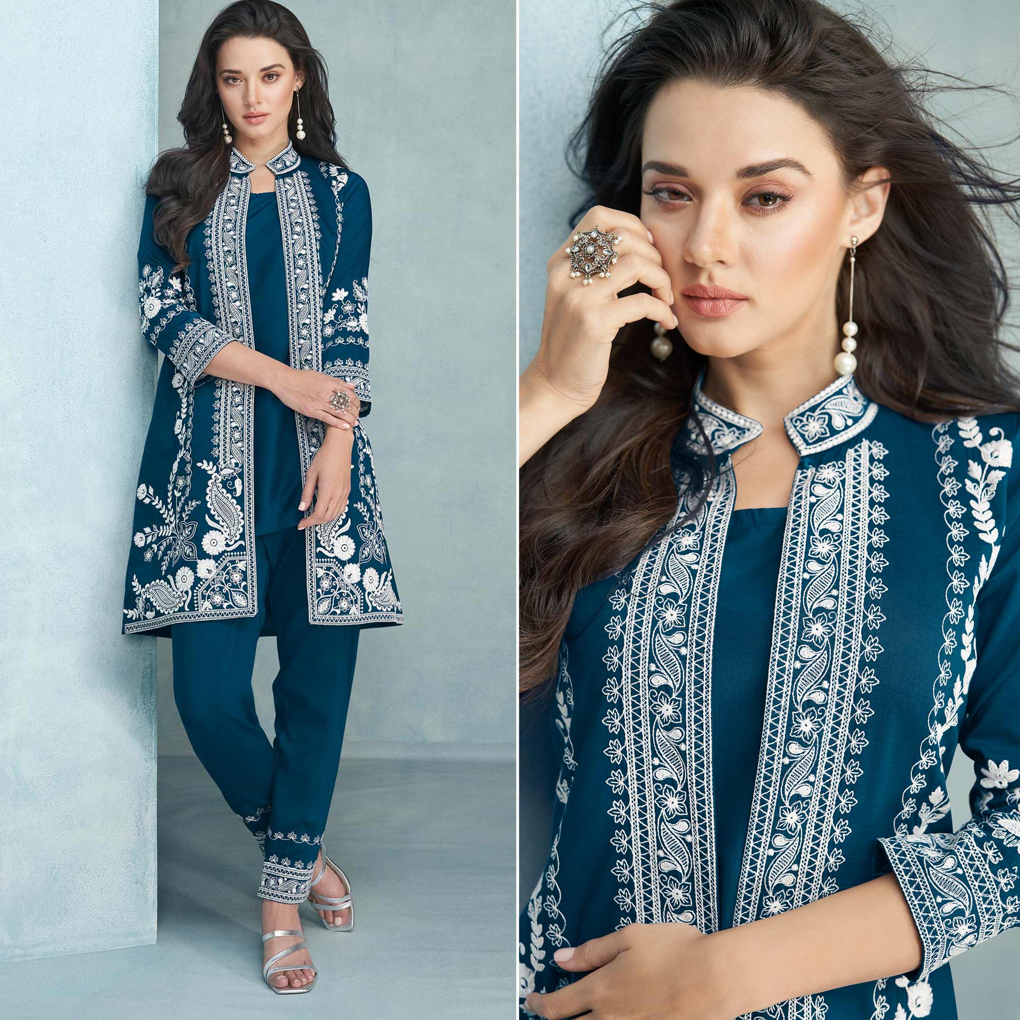 Morpich Floral Embroidered Rayon Kurti Jacket Co Ord Set