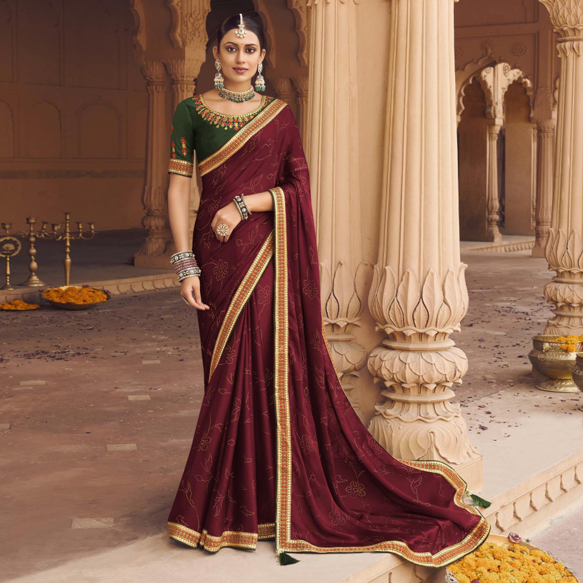 Maroon Embellished With Embroidered Border Satin Saree