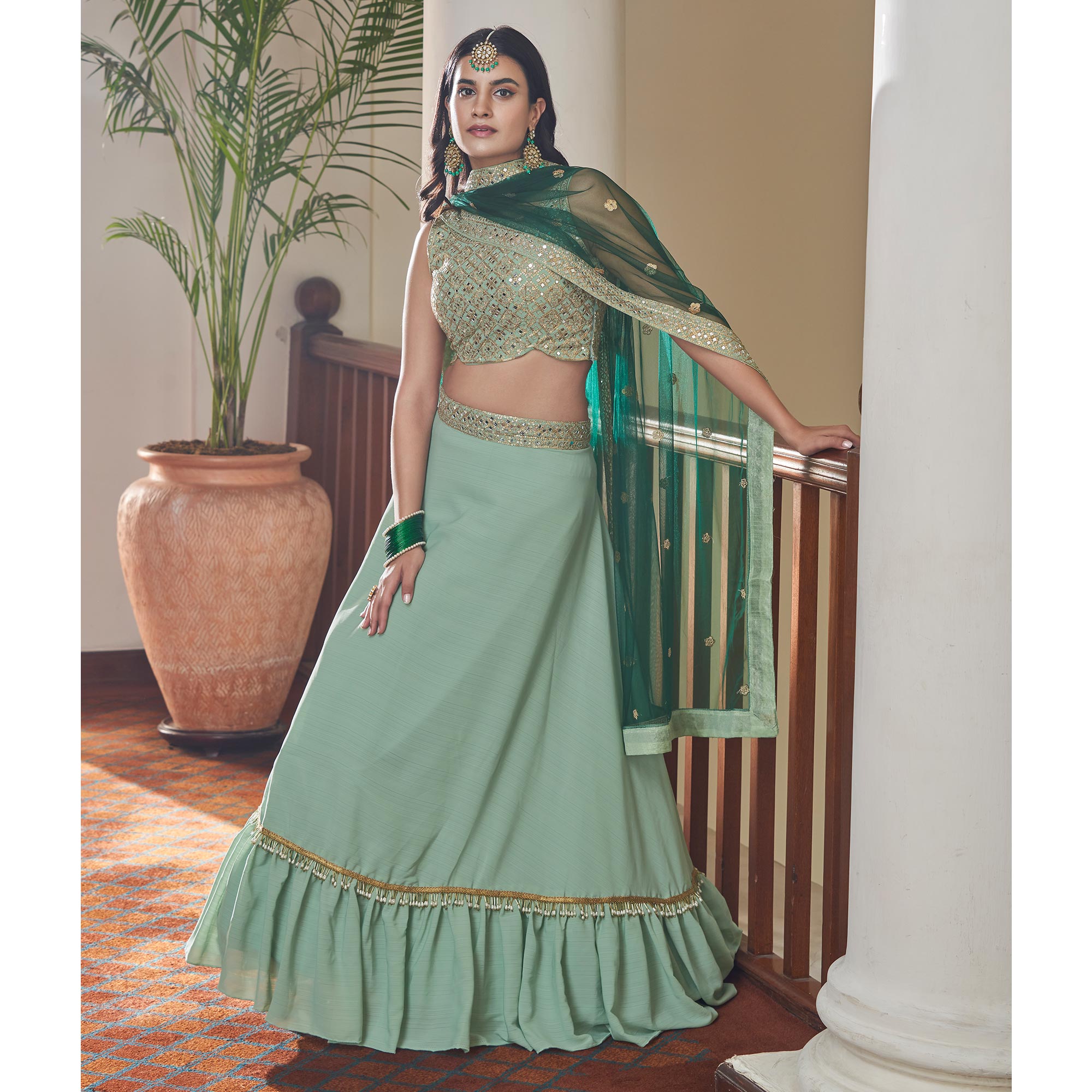 Sea Green Mirror Embroidered Art Silk Lehenga Choli