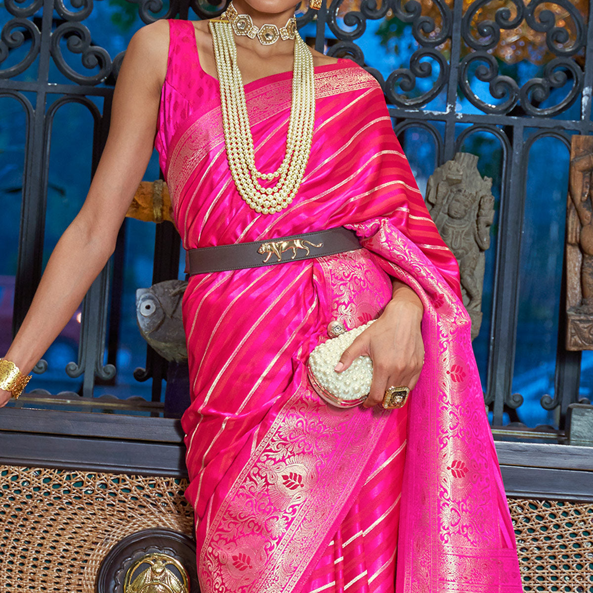 Rani Pink Woven Satin Saree With Tassels