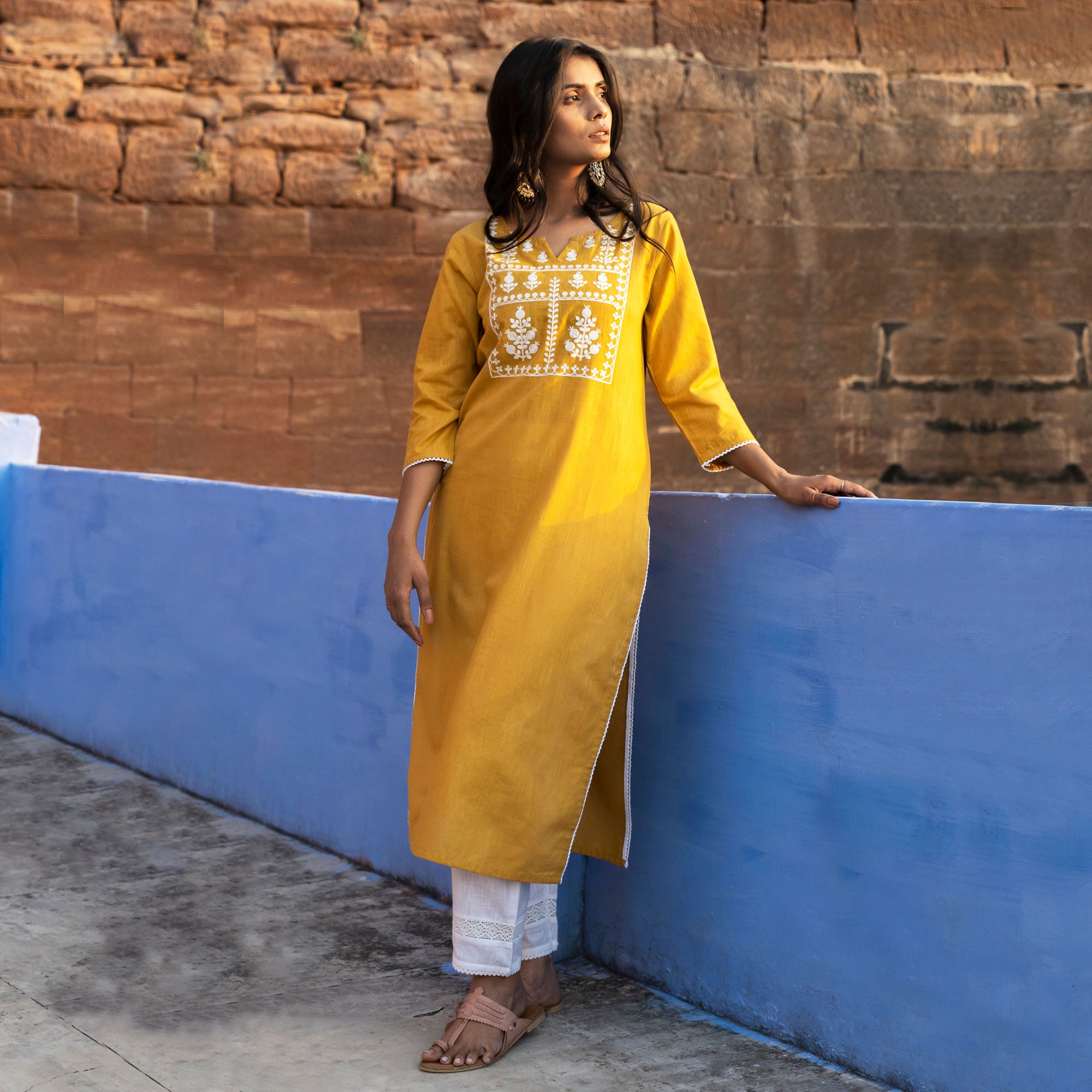 Mustard Embroidered Pure Cotton Kurti