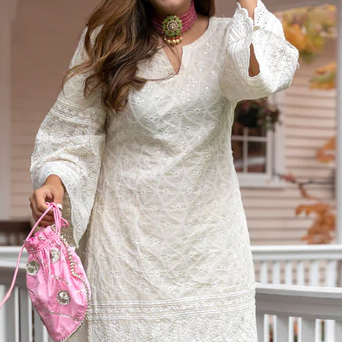 White Lucknowi Embroidered Pure Cotton Kurti Pant Set