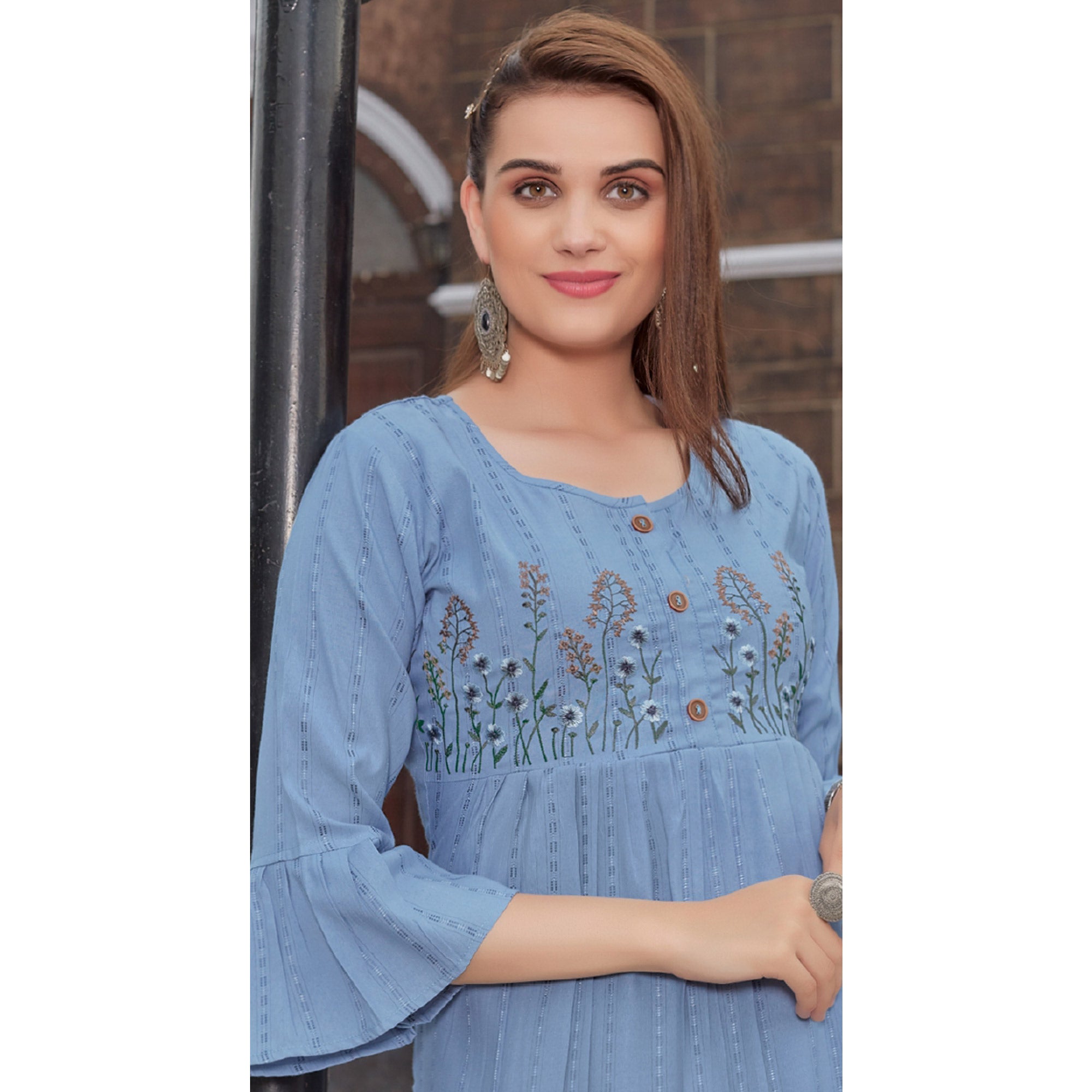 Blue Floral Embroidered Rayon Naira Cut Kurti