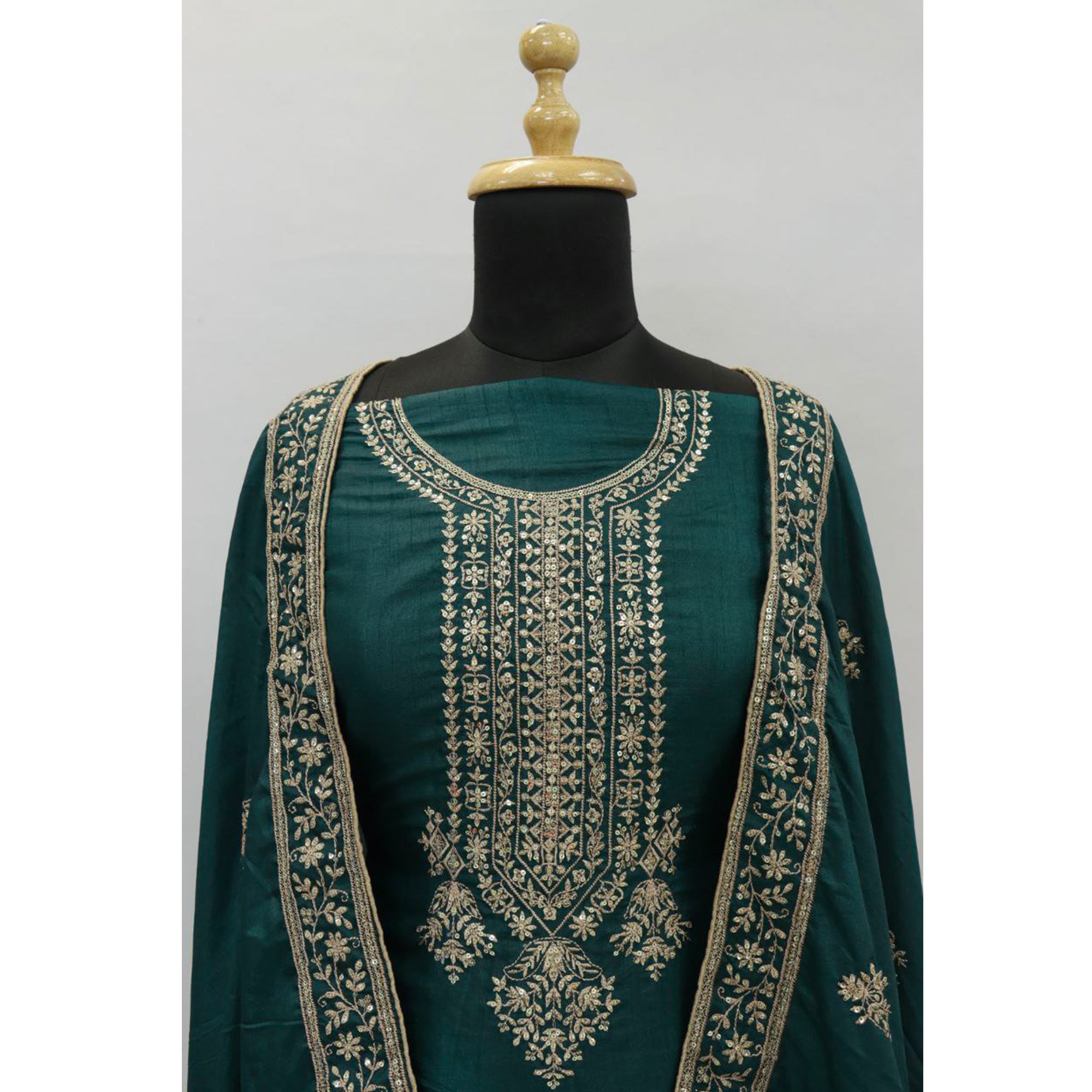 Green Embroidered Dola Silk Salwar Suit