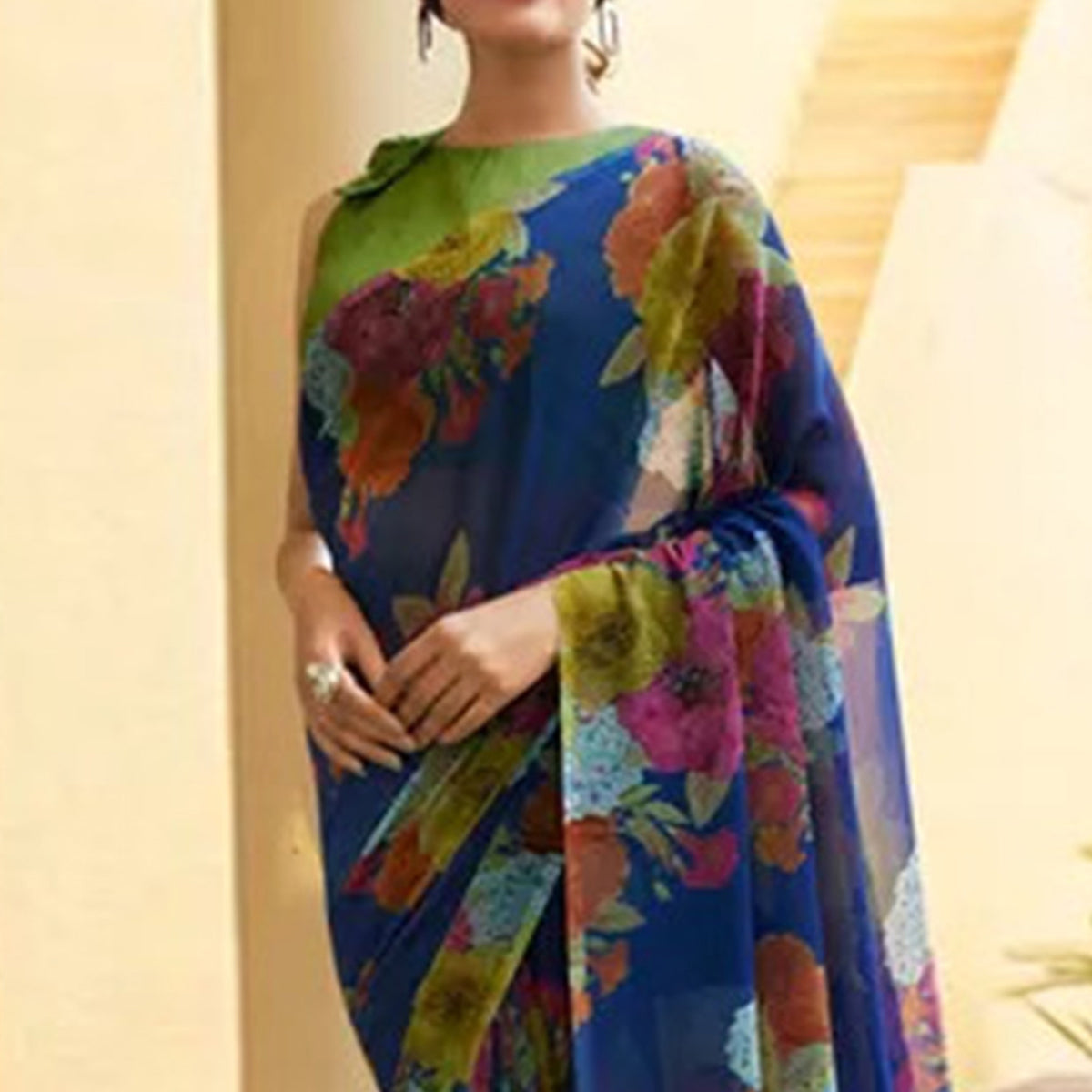 Royal Blue Floral Digital Printed Georgette Saree