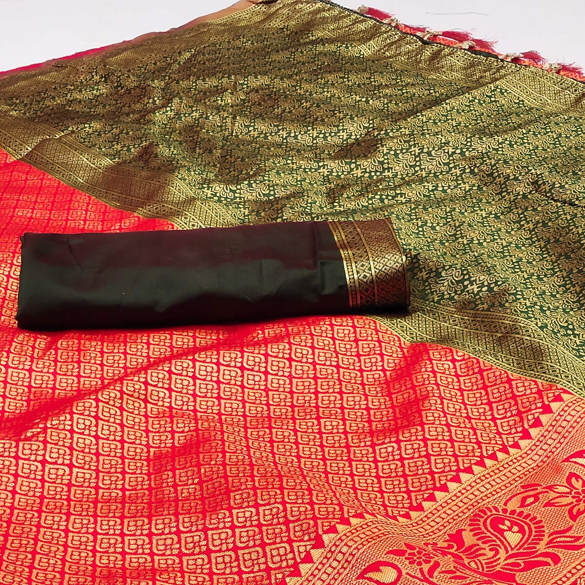 Red Woven Jacquard Saree With Tassels