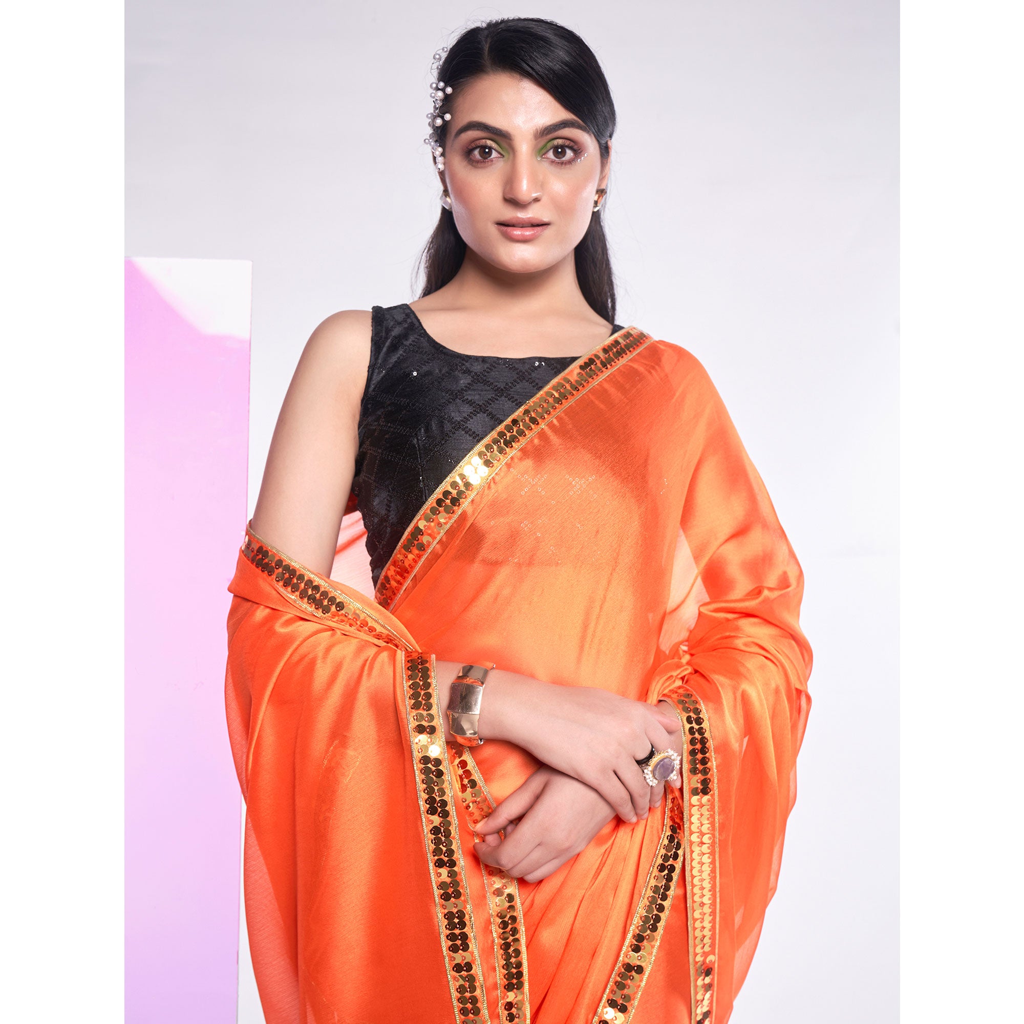 Orange Solid With Embroidered Border Georgette Saree