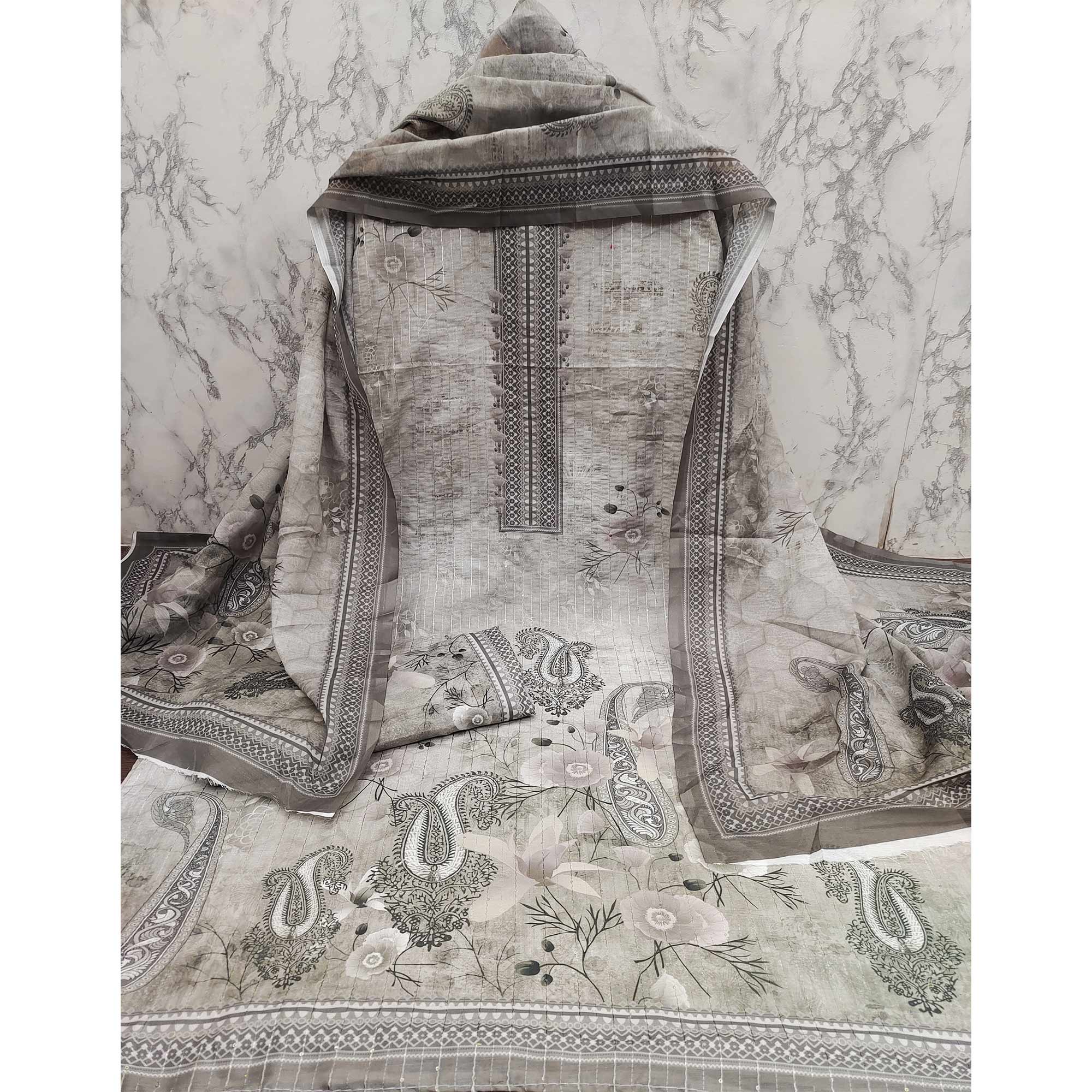 Grey Digital Printed Muslin Dress Material