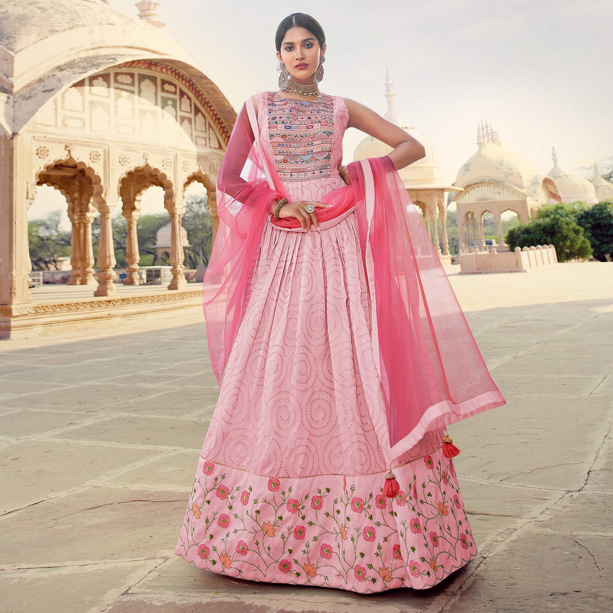 Light Pink Sequins Embroidered Raw Silk Gown