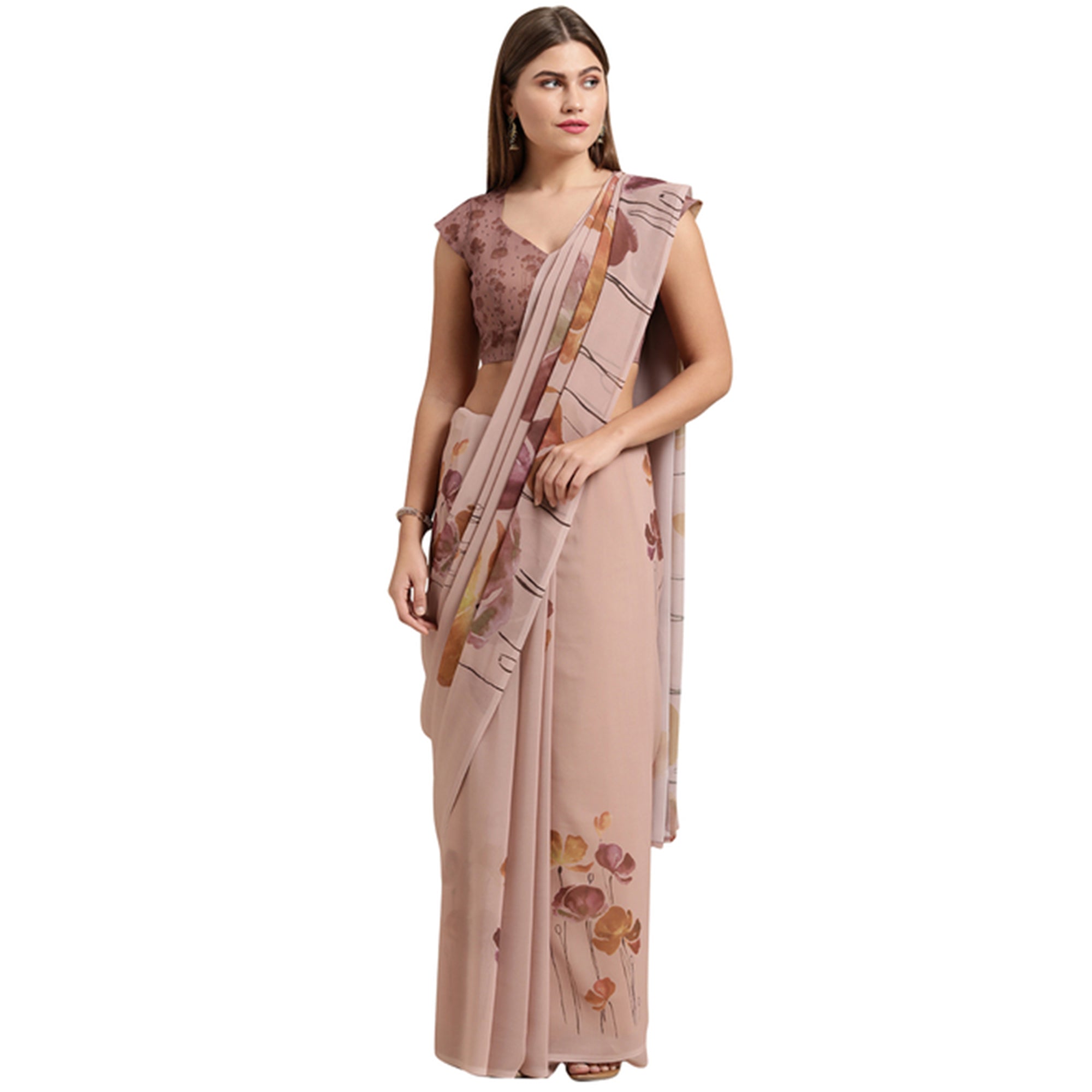 Beige Floral Digital Printed Georgette Saree