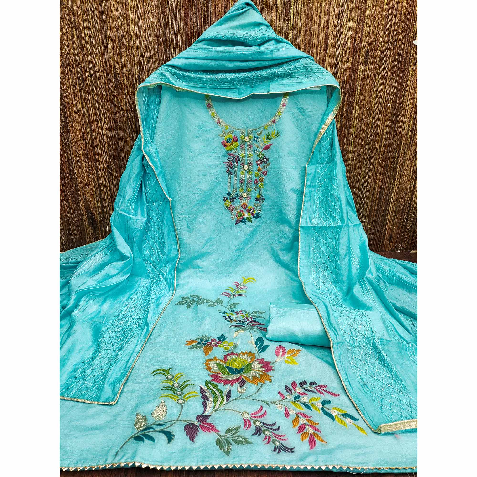 Blue Floral Woven Dola Silk Dress Material