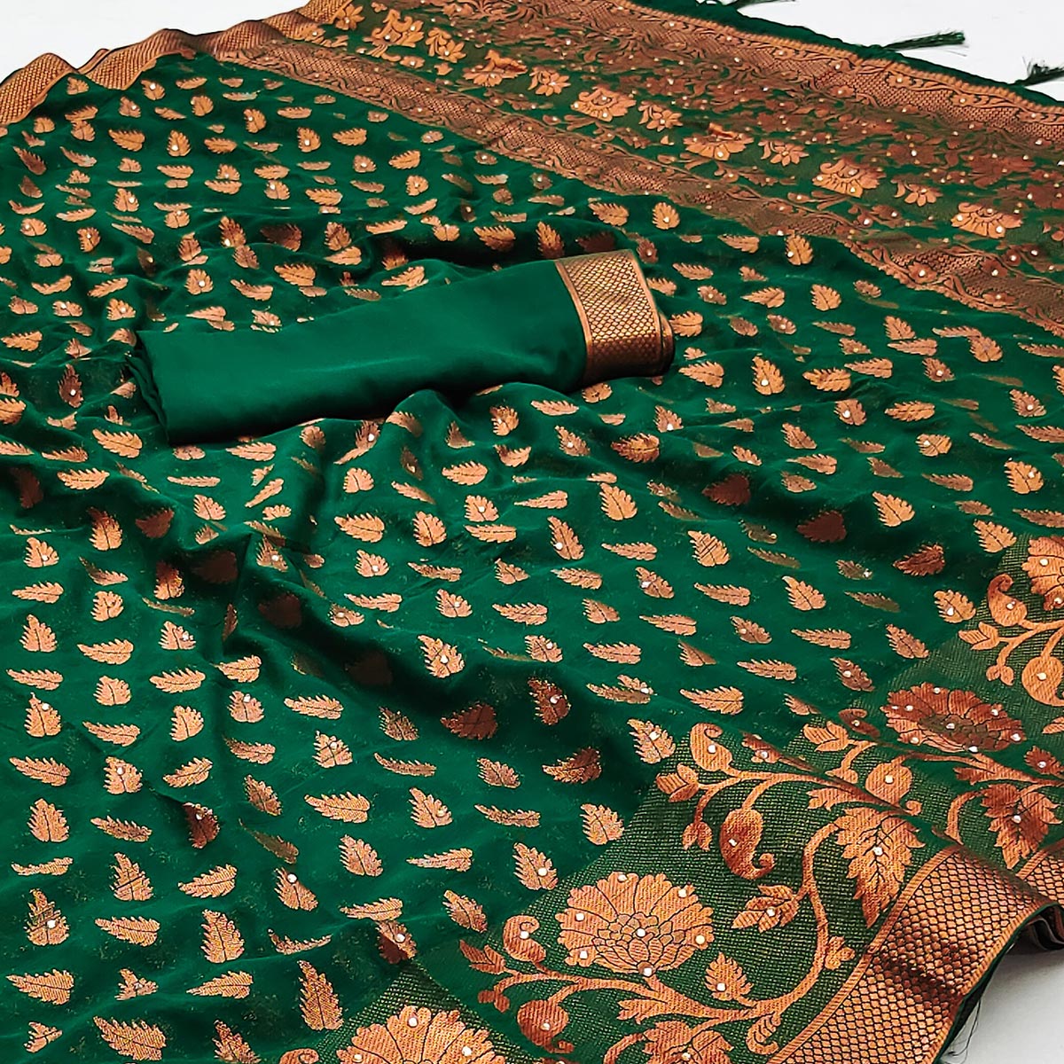 Green Floral Woven Chiffon Saree
