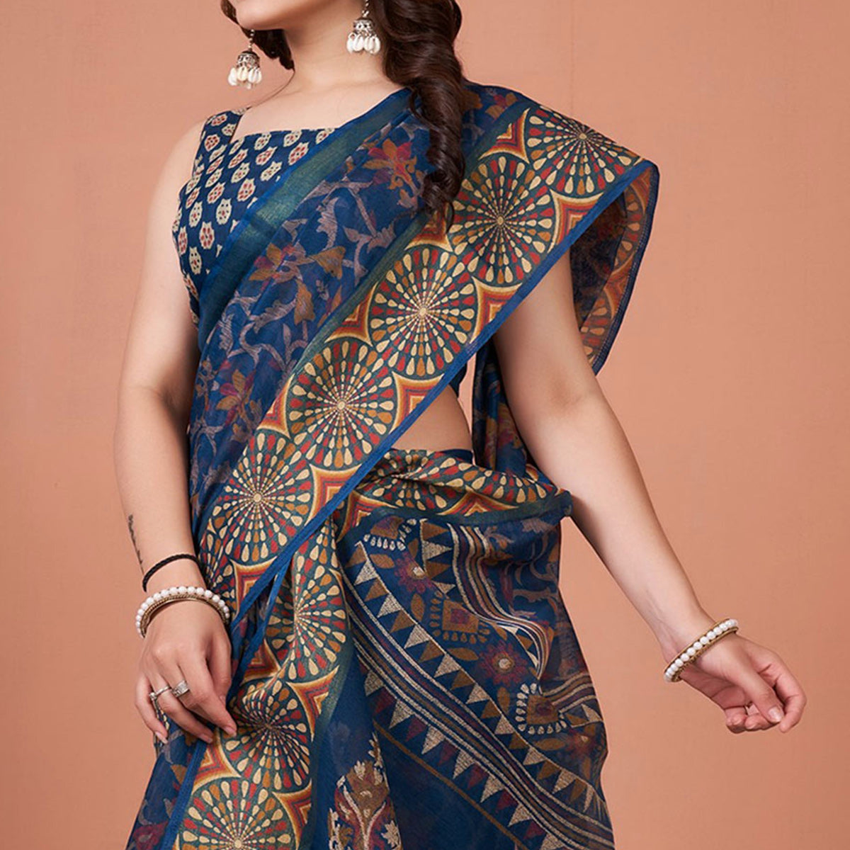 Navy Blue Printed Cotton Saree With Tassels