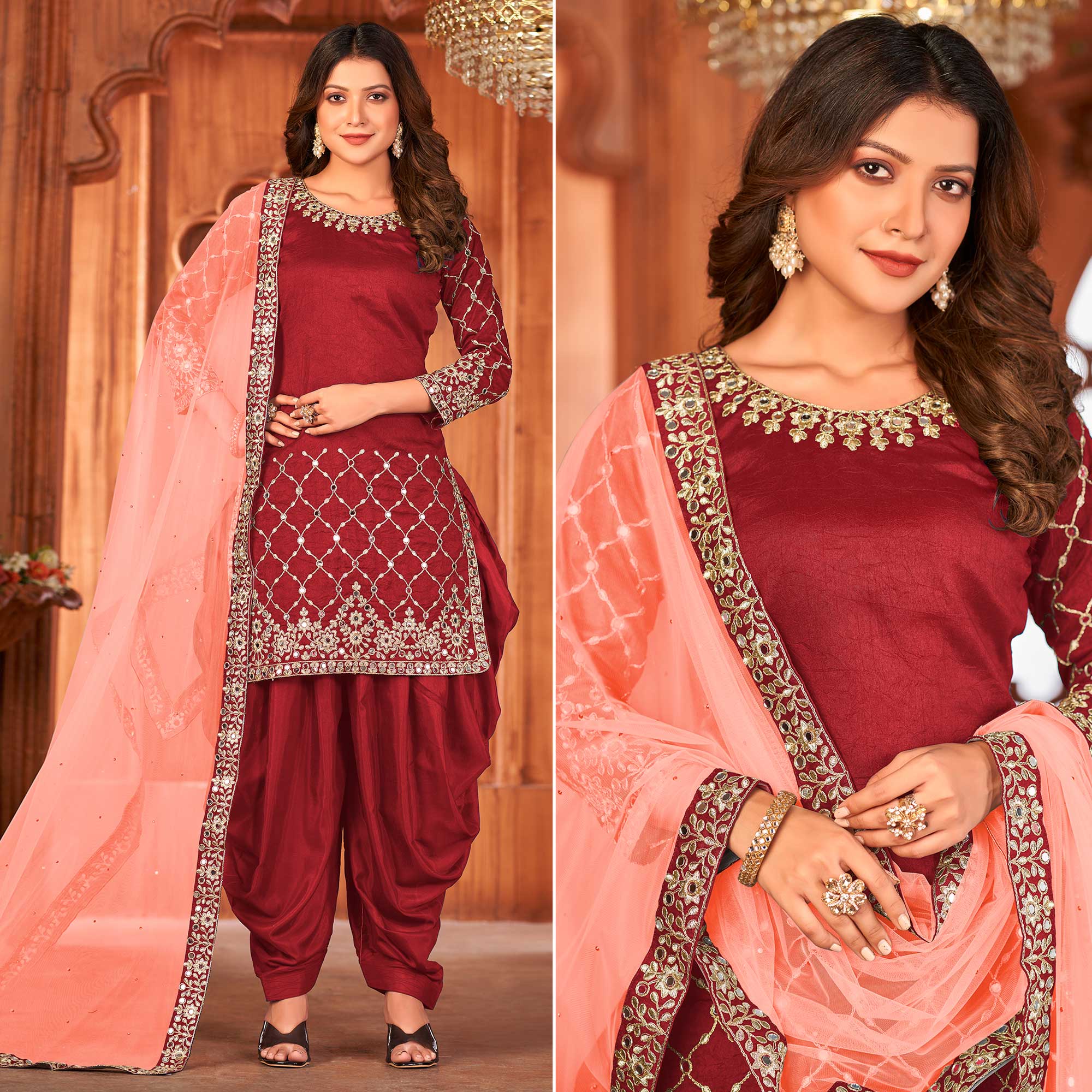 Red Embroidered Art Silk Patiala Suit