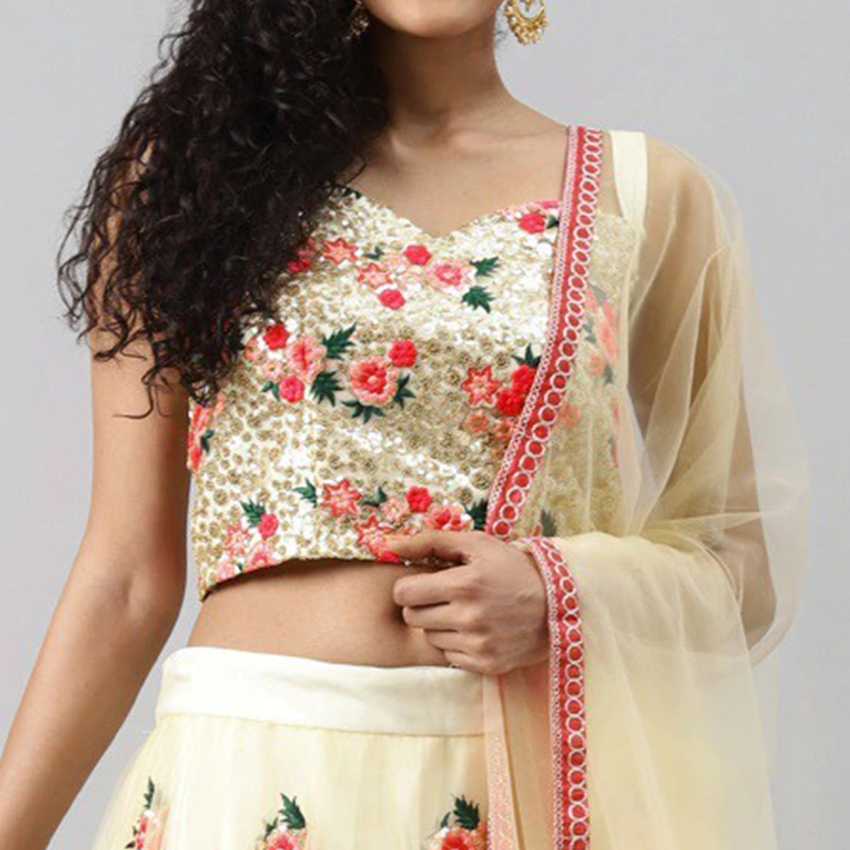 Cream Floral Embroidered Netted Lehenga Choli